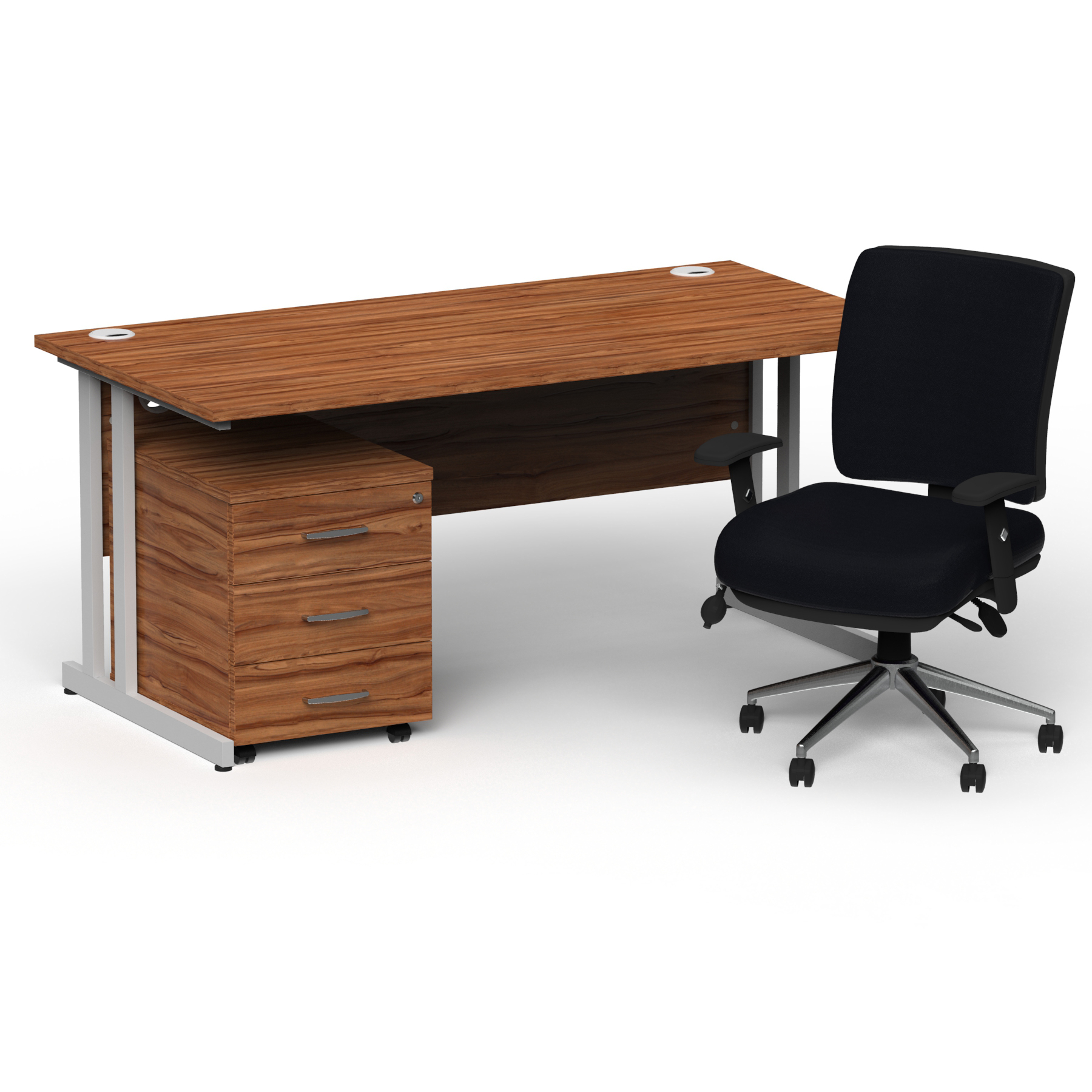 Impulse 1800mm Straight Office Desk Walnut Top Silver Cantilever Leg with 3 Drawer Mobile Pedestal and Chiro Medium Back Black thumbnail 2