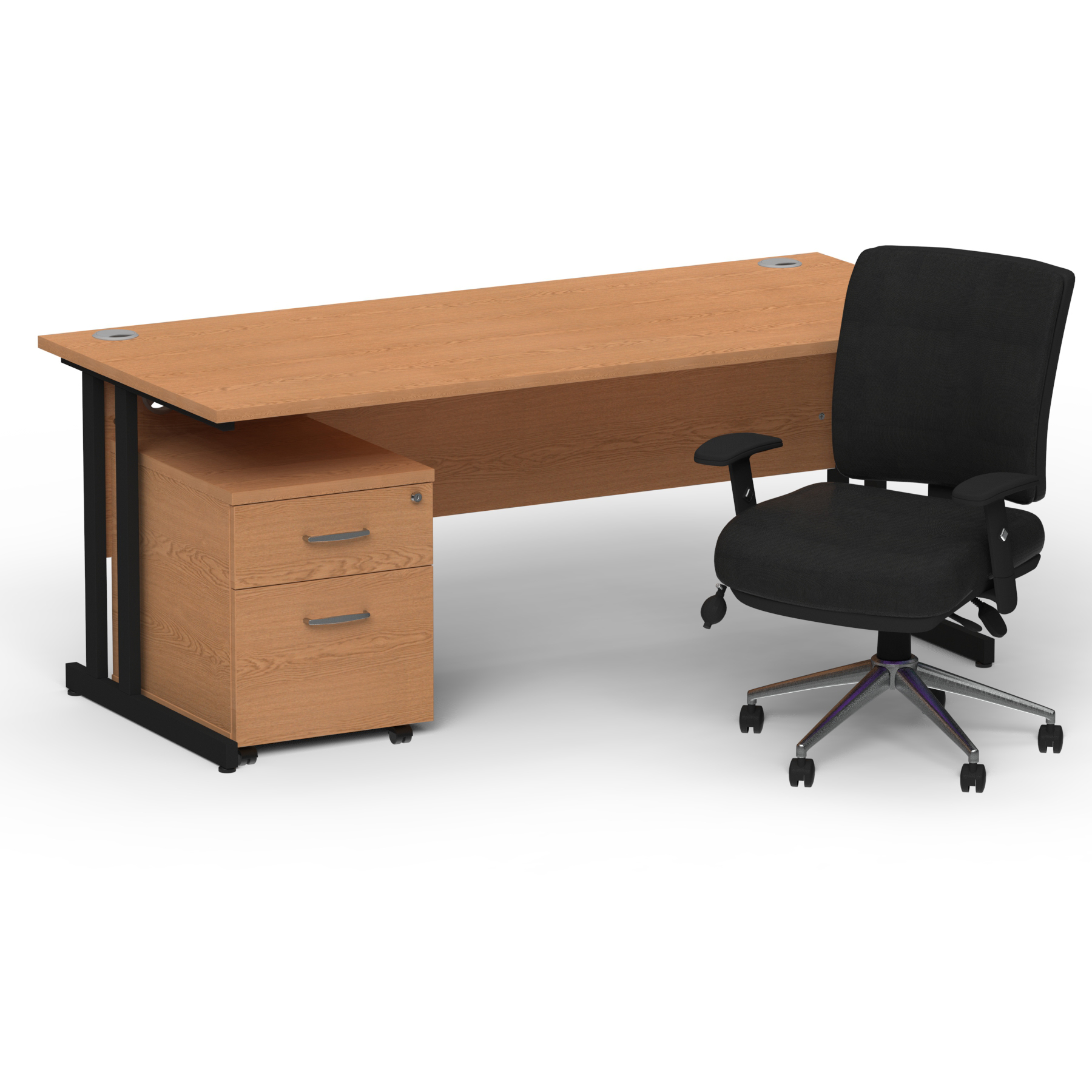 Impulse 1800mm Straight Office Desk Oak Top Black Cantilever Leg with 2 Drawer Mobile Pedestal and Chiro Medium Back Black thumbnail 2