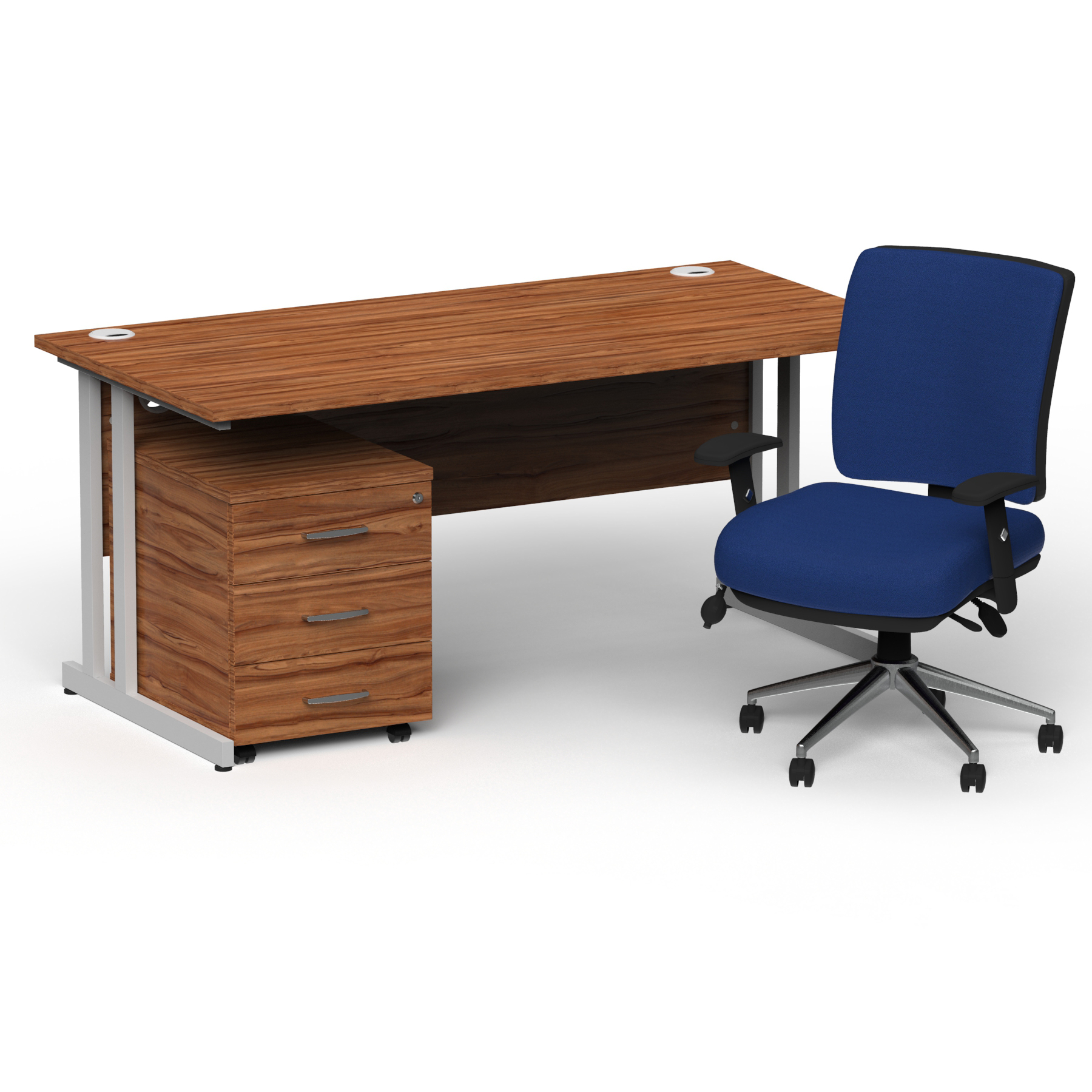 Impulse 1800mm Straight Office Desk Walnut Top Silver Cantilever Leg with 3 Drawer Mobile Pedestal and Chiro Medium Back Blue thumbnail 2
