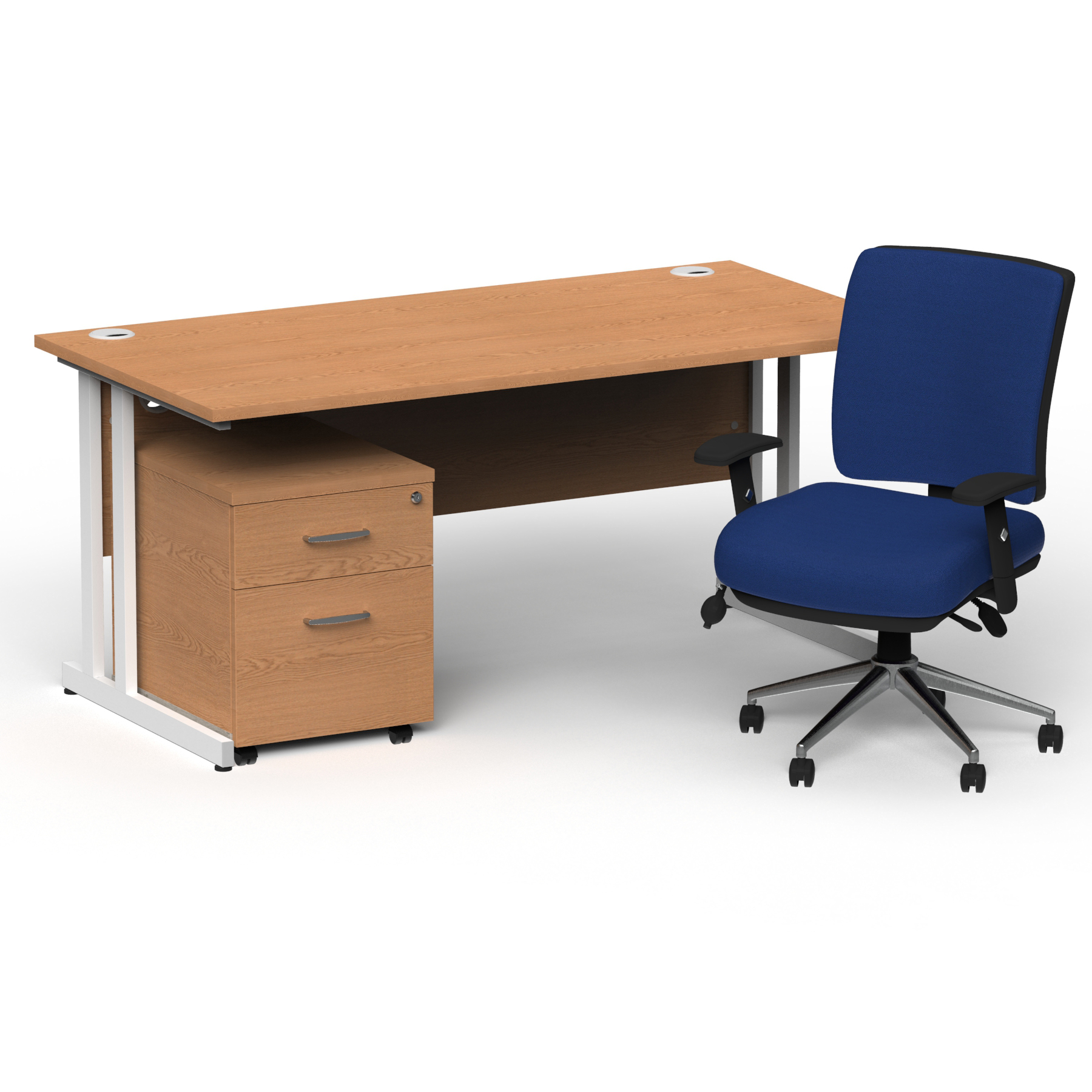 Impulse 1800mm Straight Office Desk Oak Top White Cantilever Leg with 2 Drawer Mobile Pedestal and Chiro Medium Back Blue thumbnail 2