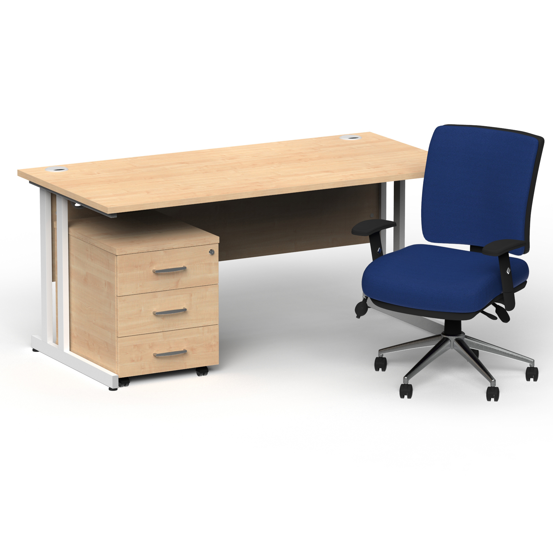 Impulse 1800mm Straight Office Desk Maple Top White Cantilever Leg with 3 Drawer Mobile Pedestal and Chiro Medium Back Blue thumbnail 2