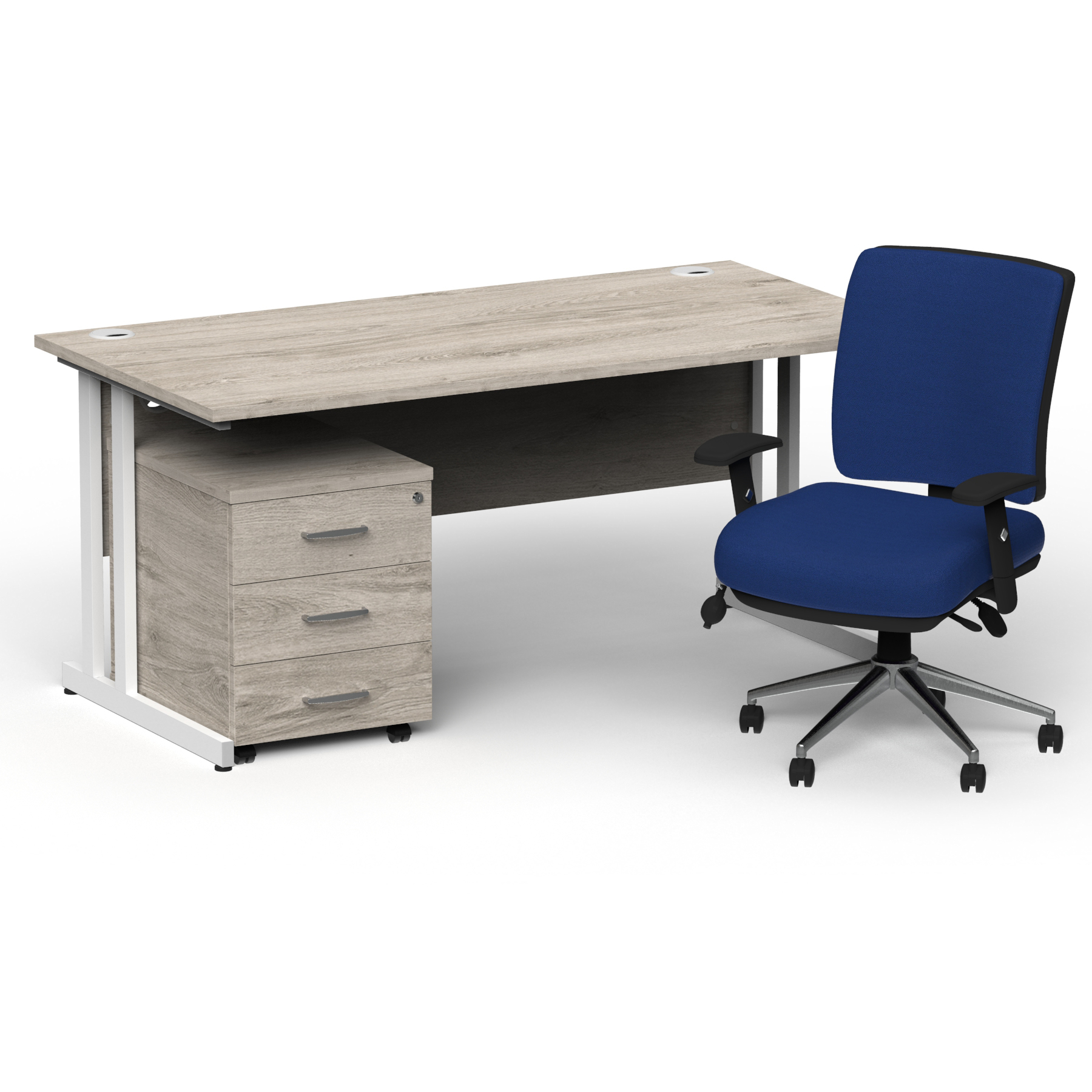 Impulse 1800mm Straight Office Desk Grey Oak Top White Cantilever Leg with 3 Drawer Mobile Pedestal and Chiro Medium Back Blue thumbnail 2