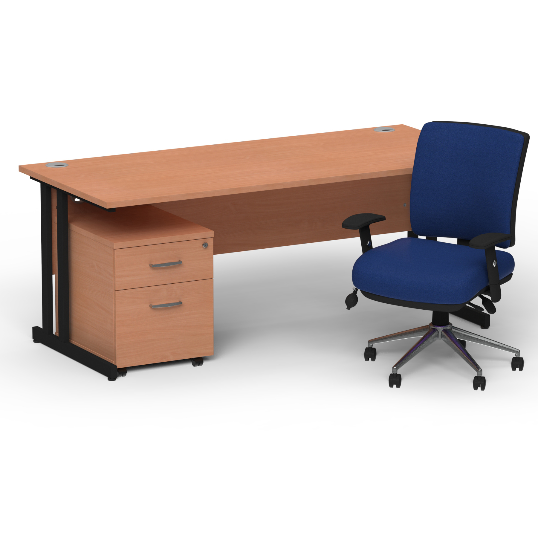 Impulse 1800mm Straight Office Desk Beech Top Black Cantilever Leg with 2 Drawer Mobile Pedestal and Chiro Medium Back Blue thumbnail 2
