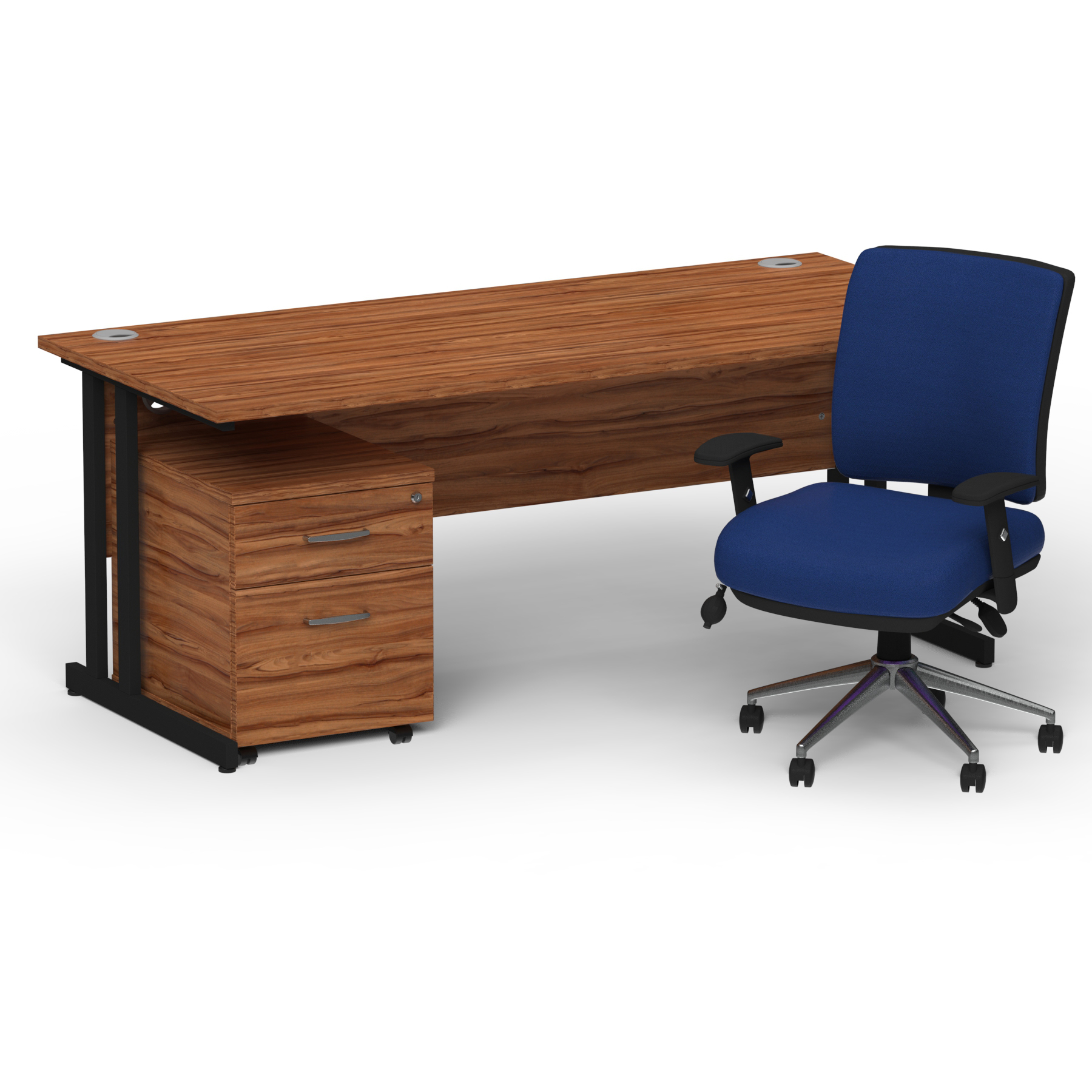 Impulse 1800mm Straight Office Desk Walnut Top Black Cantilever Leg with 2 Drawer Mobile Pedestal and Chiro Medium Back Blue thumbnail 2