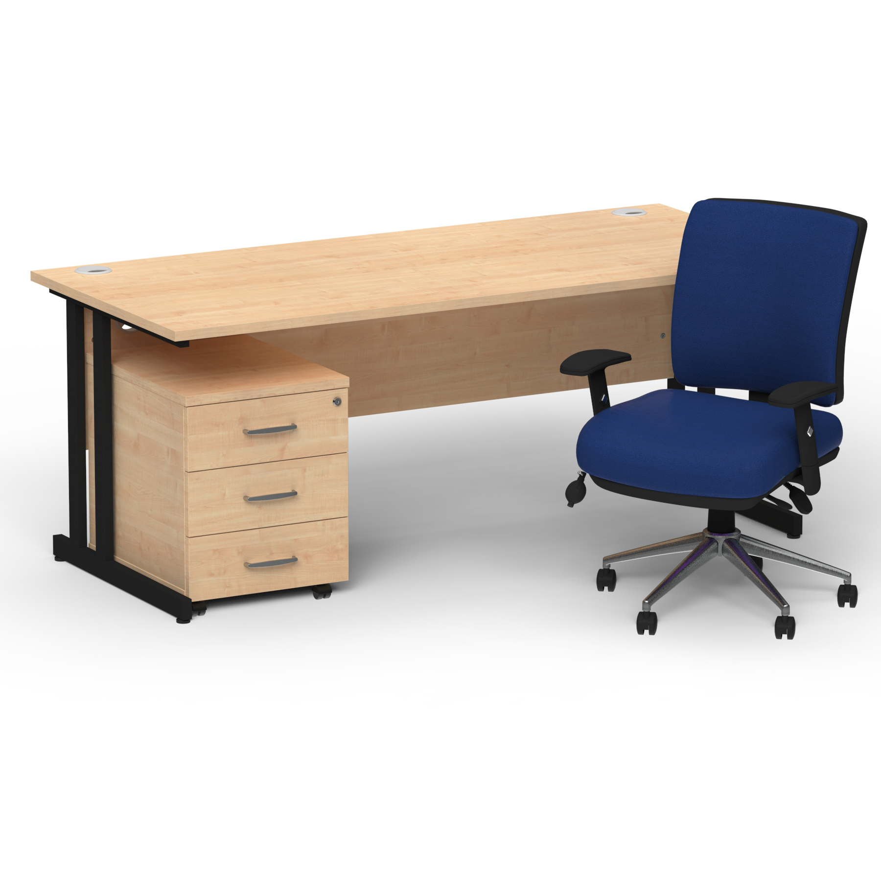 Impulse 1800mm Straight Office Desk Maple Top Black Cantilever Leg with 3 Drawer Mobile Pedestal and Chiro Medium Back Blue thumbnail 2