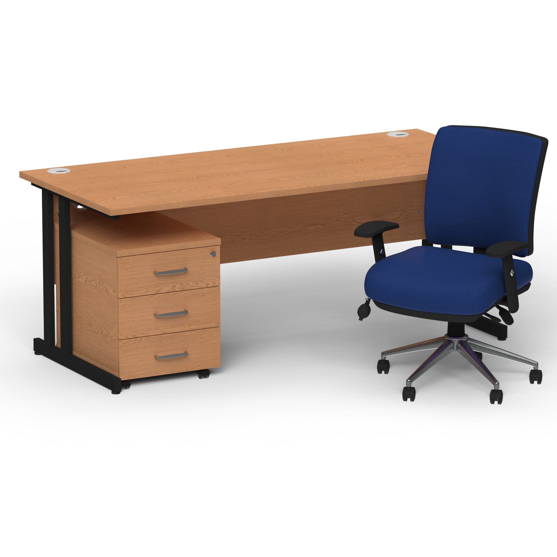 Impulse 1800mm Straight Office Desk Oak Top Black Cantilever Leg with 3 Drawer Mobile Pedestal and Chiro Medium Back Blue thumbnail 2
