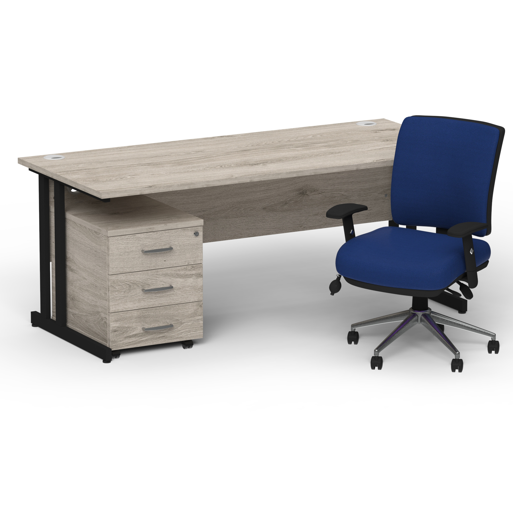 Impulse 1800mm Straight Office Desk Grey Oak Top Black Cantilever Leg with 3 Drawer Mobile Pedestal and Chiro Medium Back Blue thumbnail 2
