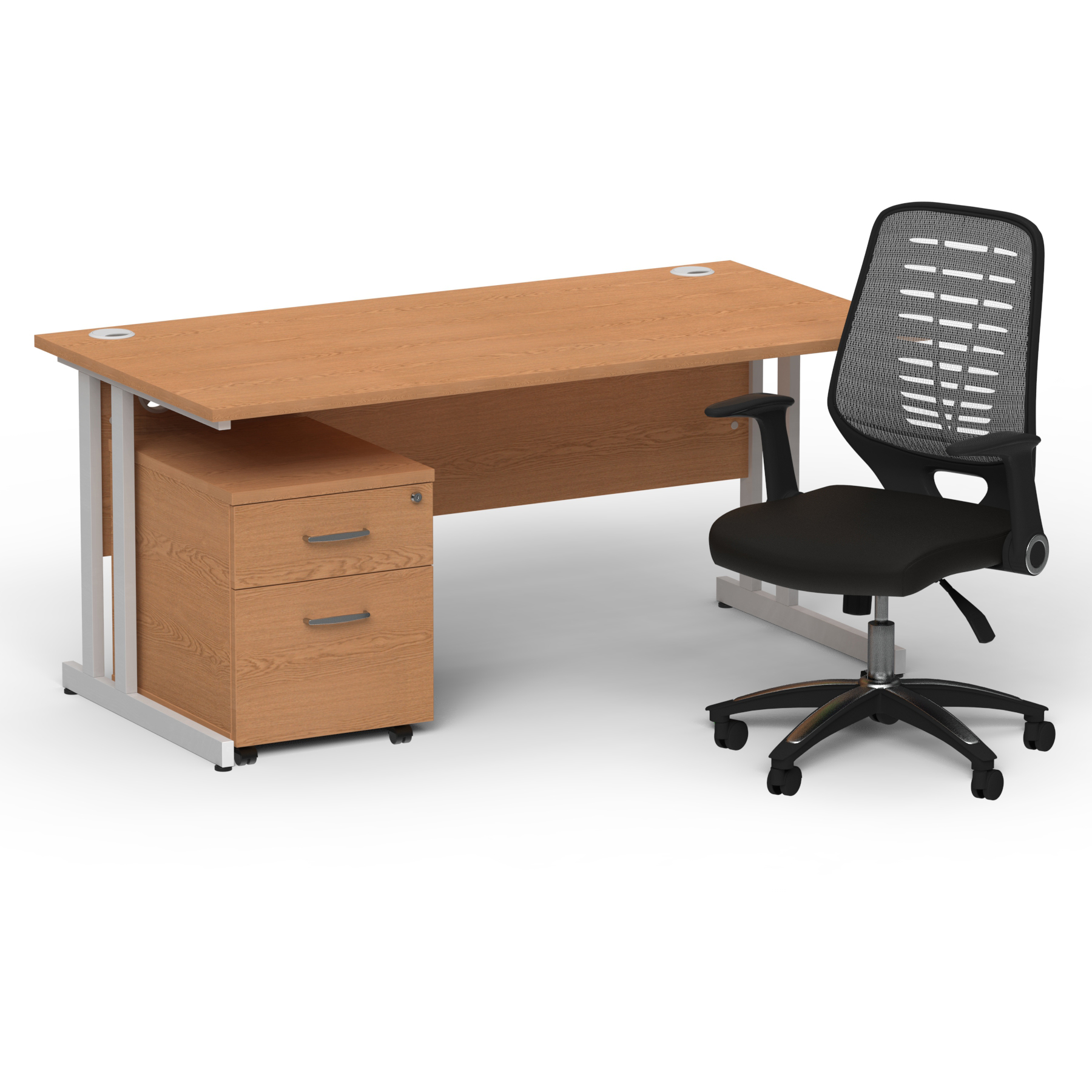 Impulse 1600mm Straight Office Desk Oak Top Silver Cantilever Leg with 2 Drawer Mobile Pedestal and Relay Silver Back thumbnail 2