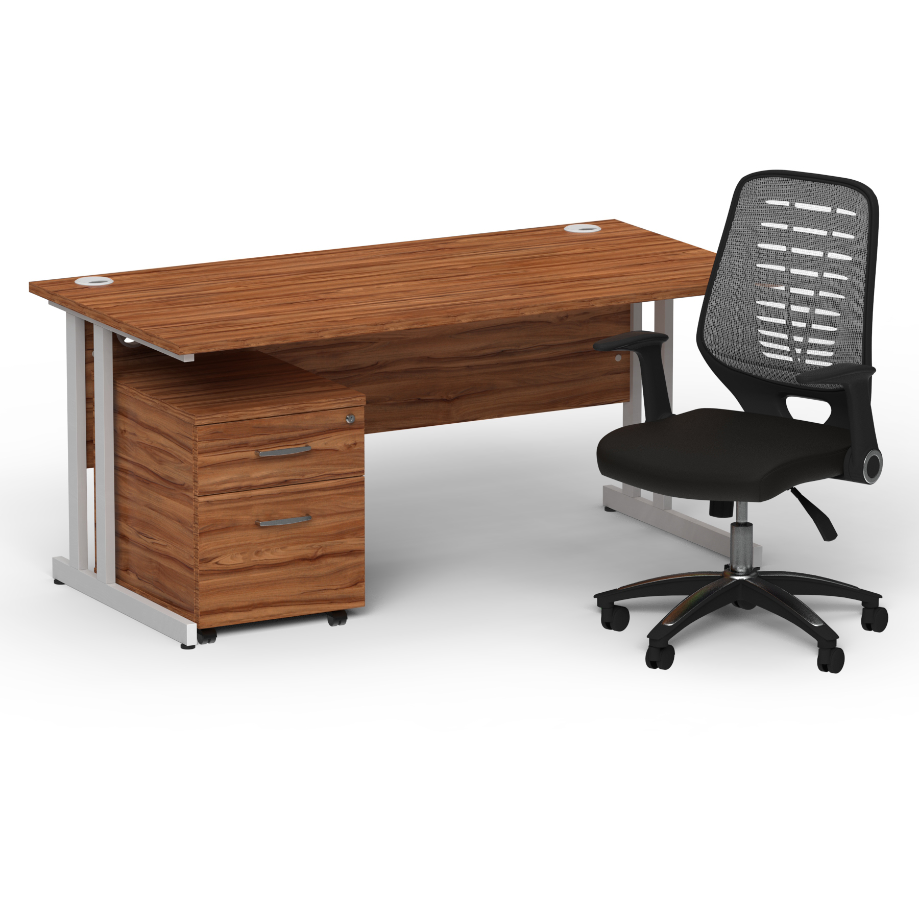 Impulse 1600mm Straight Office Desk Walnut Top Silver Cantilever Leg with 2 Drawer Mobile Pedestal and Relay Silver Back thumbnail 2