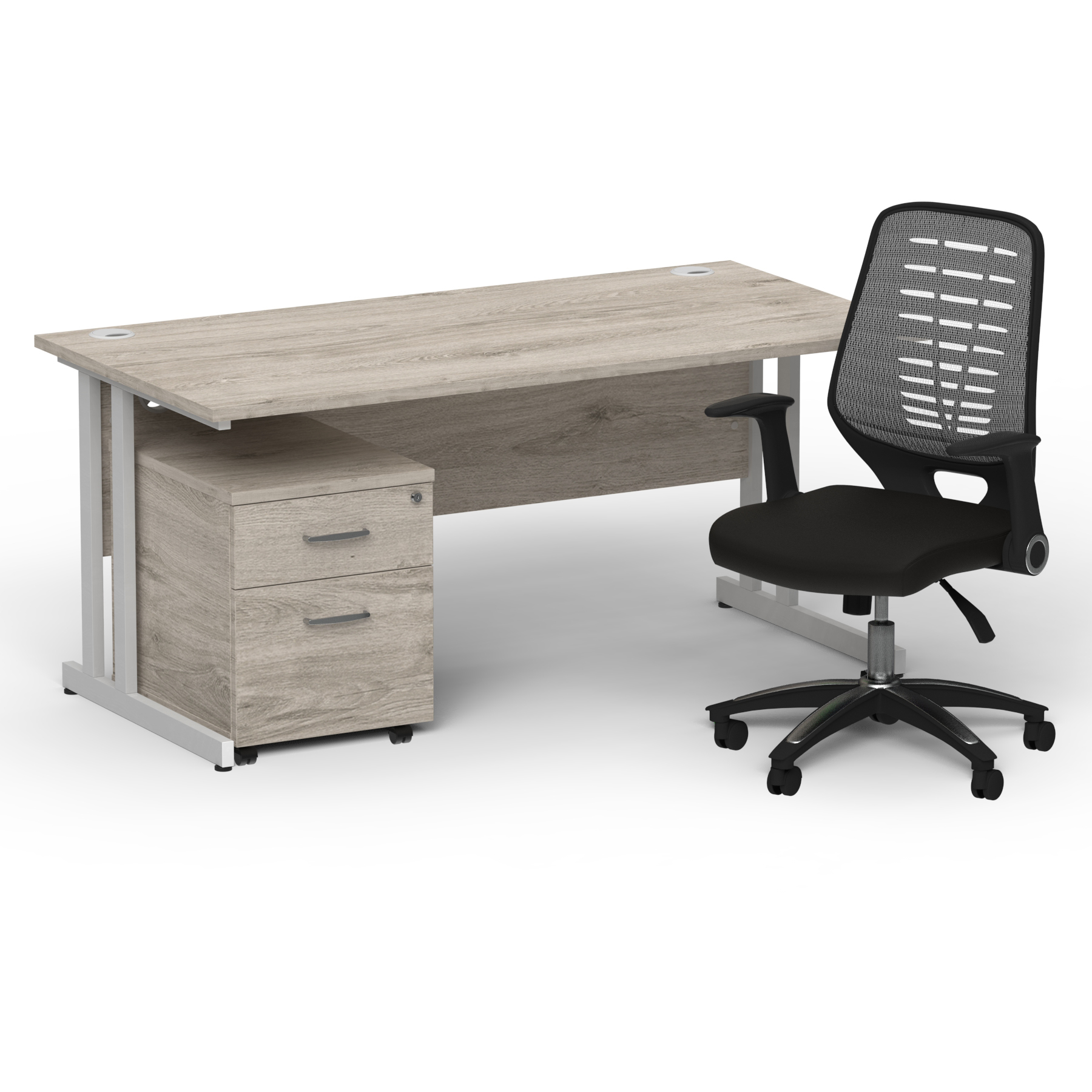 Impulse 1600mm Straight Office Desk Grey Oak Top Silver Cantilever Leg with 2 Drawer Mobile Pedestal and Relay Silver Back thumbnail 2