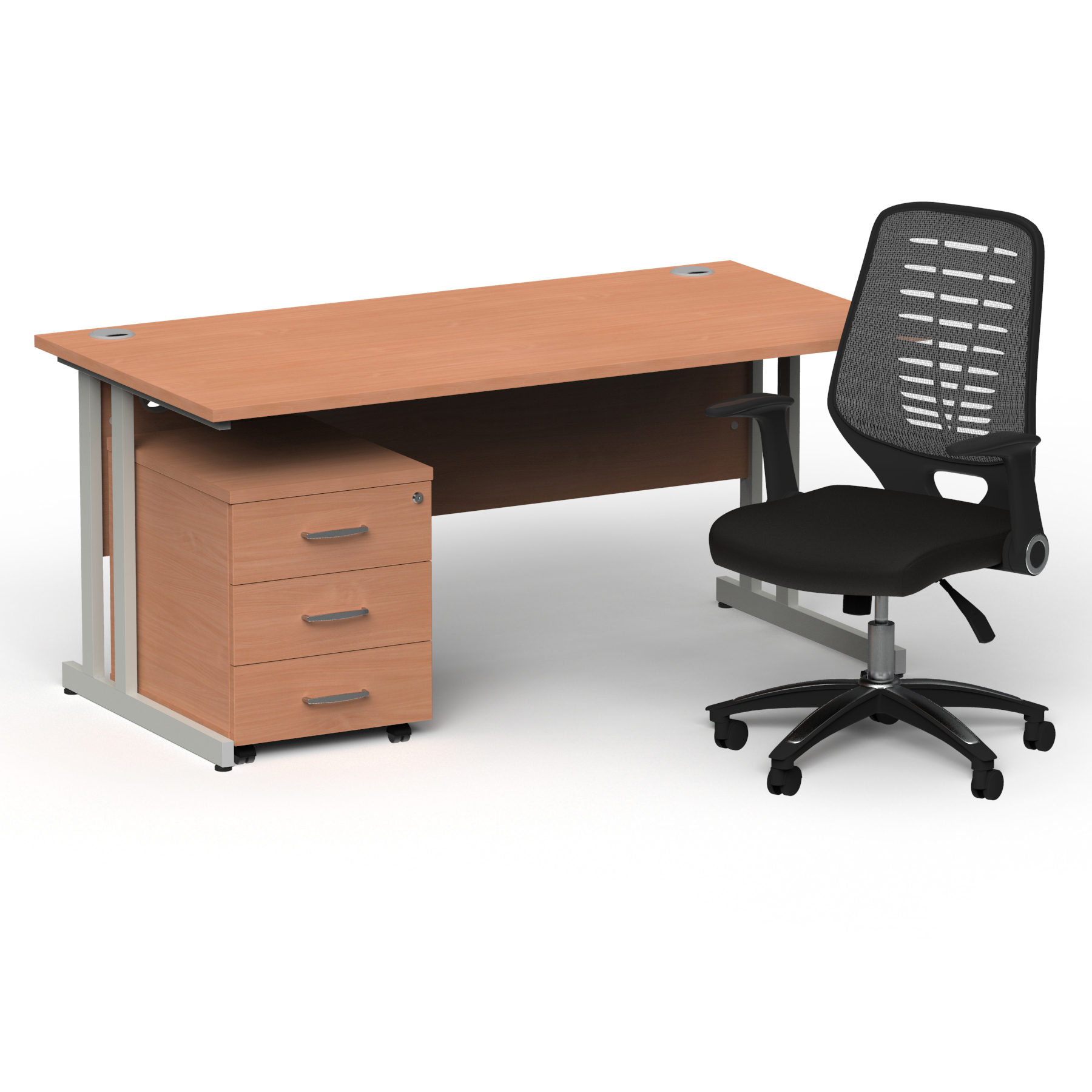 Impulse 1600mm Straight Office Desk Beech Top Silver Cantilever Leg with 3 Drawer Mobile Pedestal and Relay Silver Back thumbnail 2