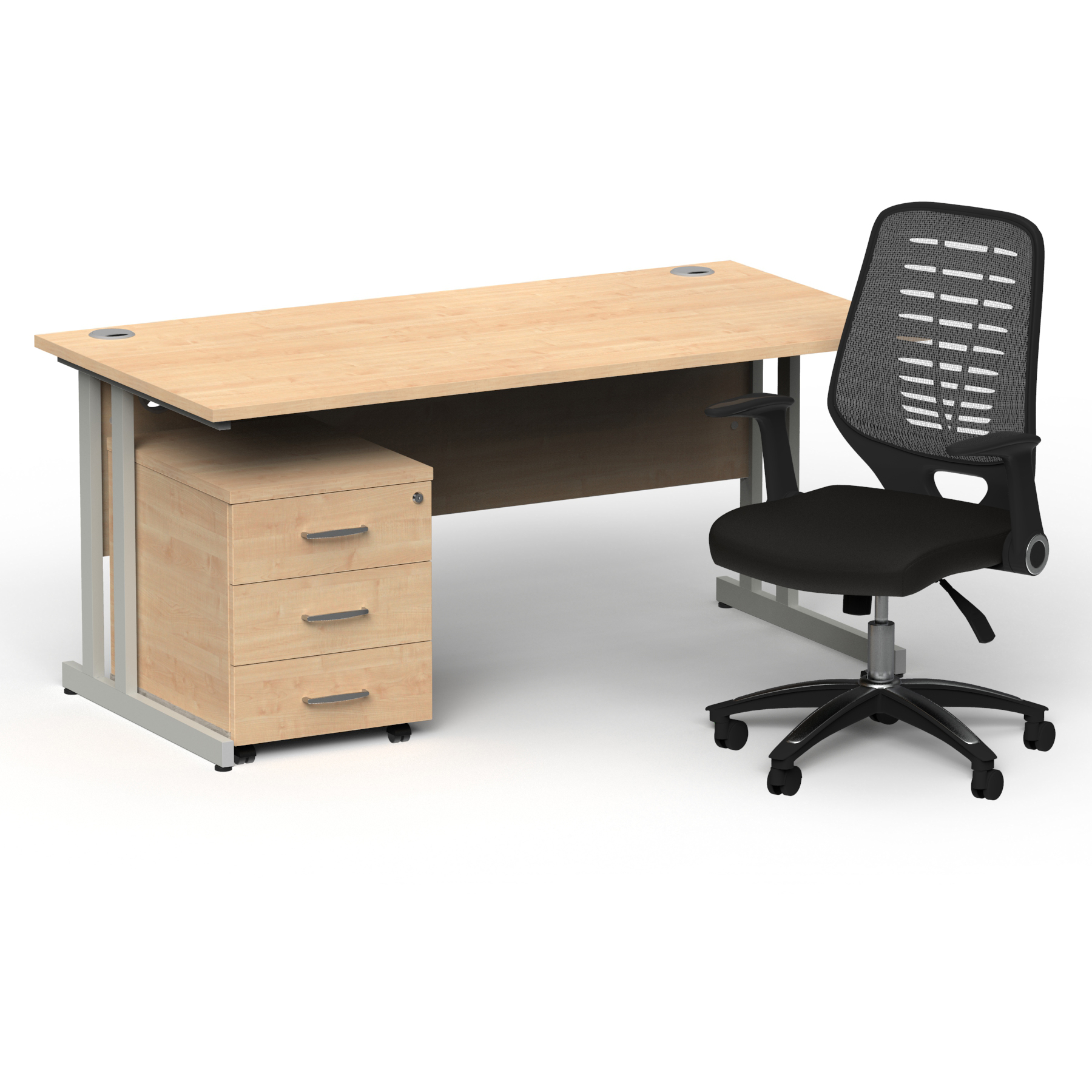 Impulse 1600mm Straight Office Desk Maple Top Silver Cantilever Leg with 3 Drawer Mobile Pedestal and Relay Silver Back thumbnail 2