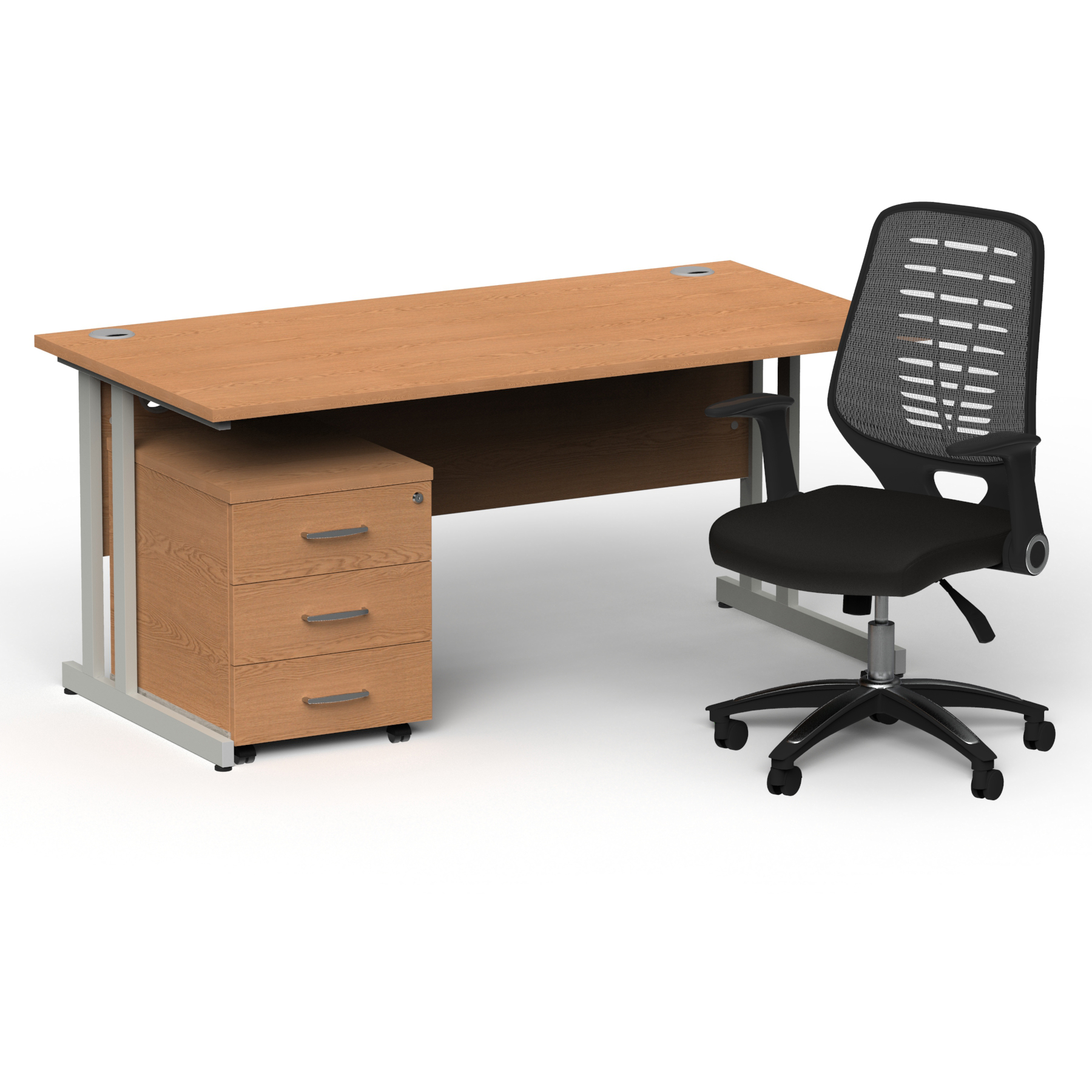 Impulse 1600mm Straight Office Desk Oak Top Silver Cantilever Leg with 3 Drawer Mobile Pedestal and Relay Silver Back thumbnail 2
