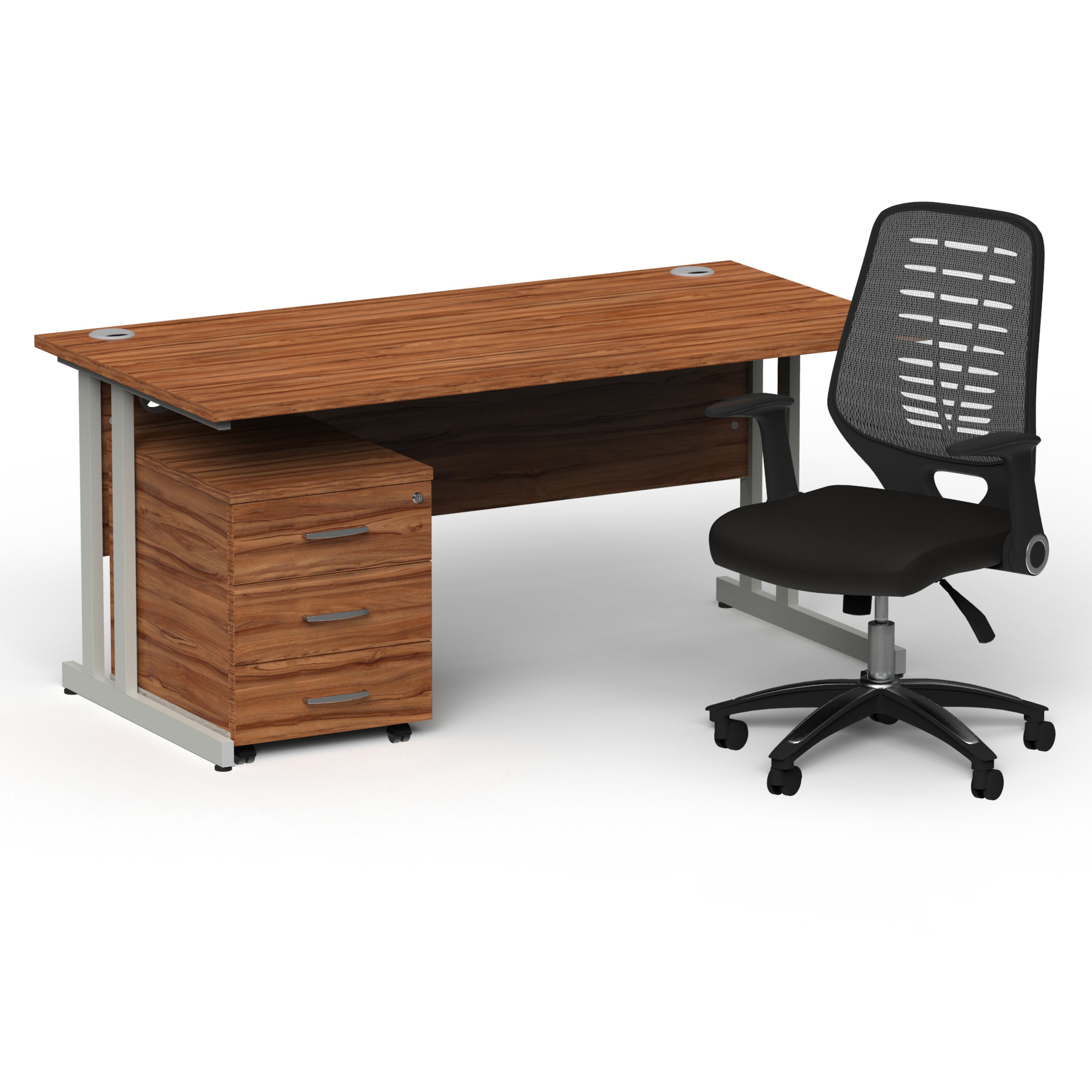 Impulse 1600mm Straight Office Desk Walnut Top Silver Cantilever Leg with 3 Drawer Mobile Pedestal and Relay Silver Back thumbnail 2