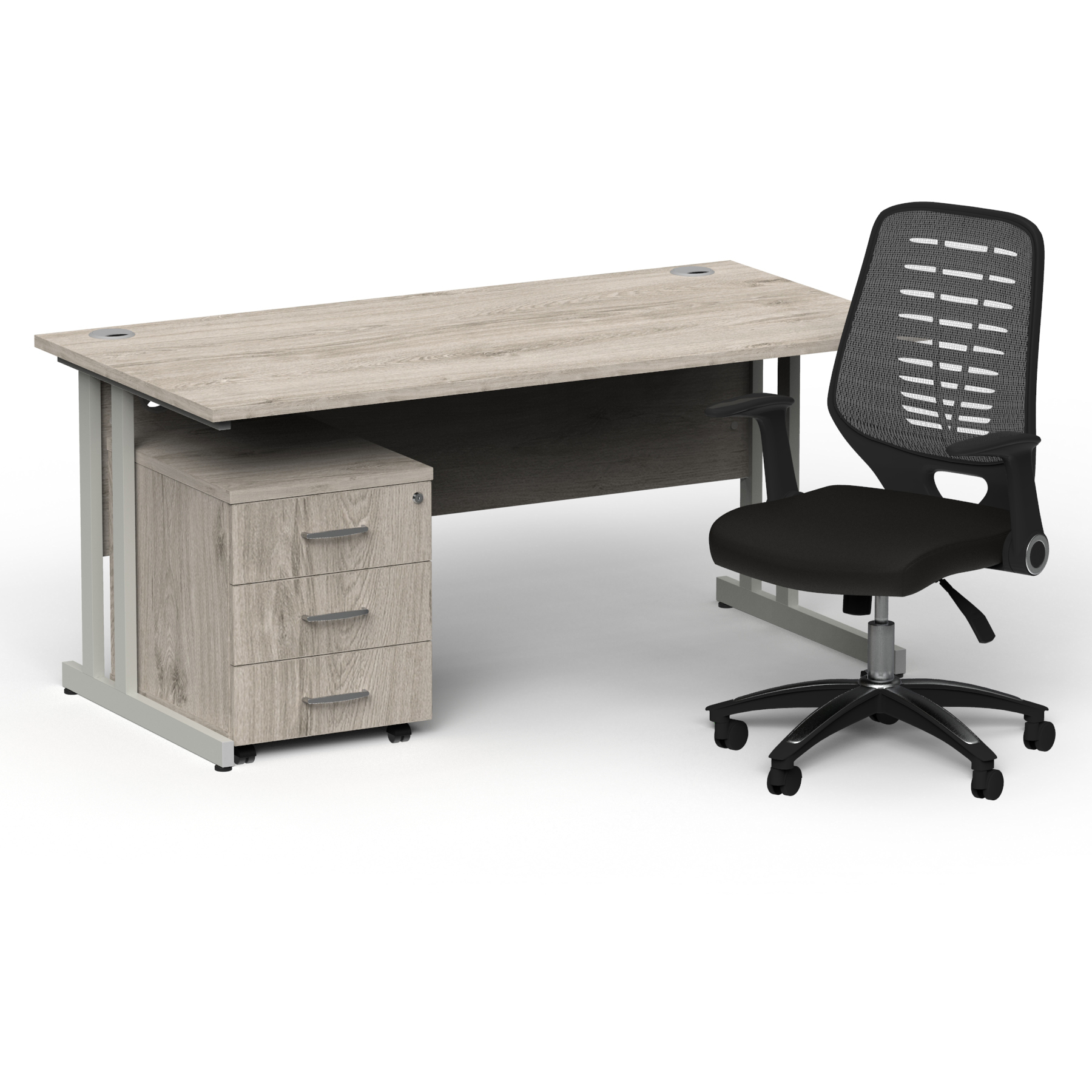 Impulse 1600mm Straight Office Desk Grey Oak Top Silver Cantilever Leg with 3 Drawer Mobile Pedestal and Relay Silver Back thumbnail 2