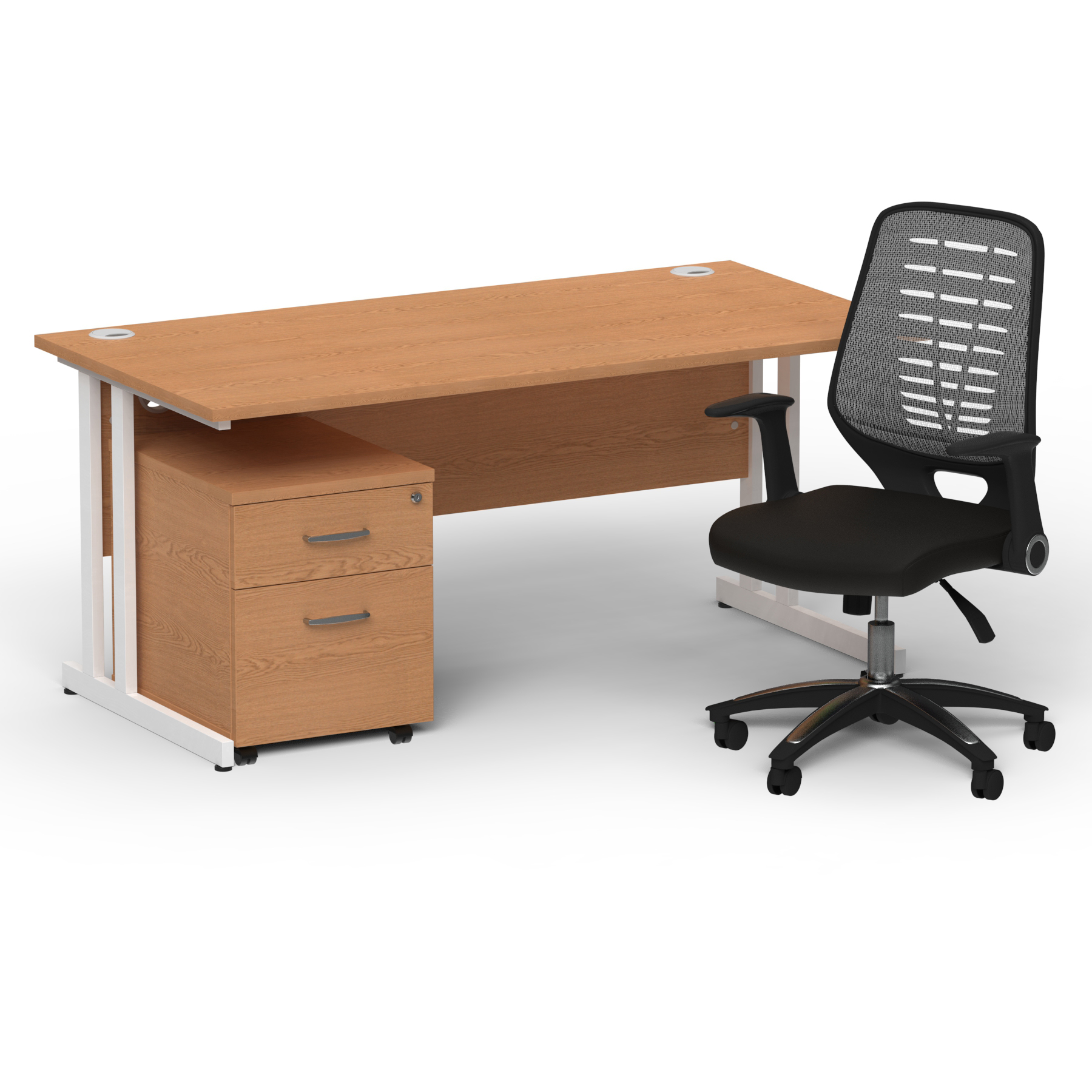 Impulse 1600mm Straight Office Desk Oak Top White Cantilever Leg with 2 Drawer Mobile Pedestal and Relay Silver Back thumbnail 2