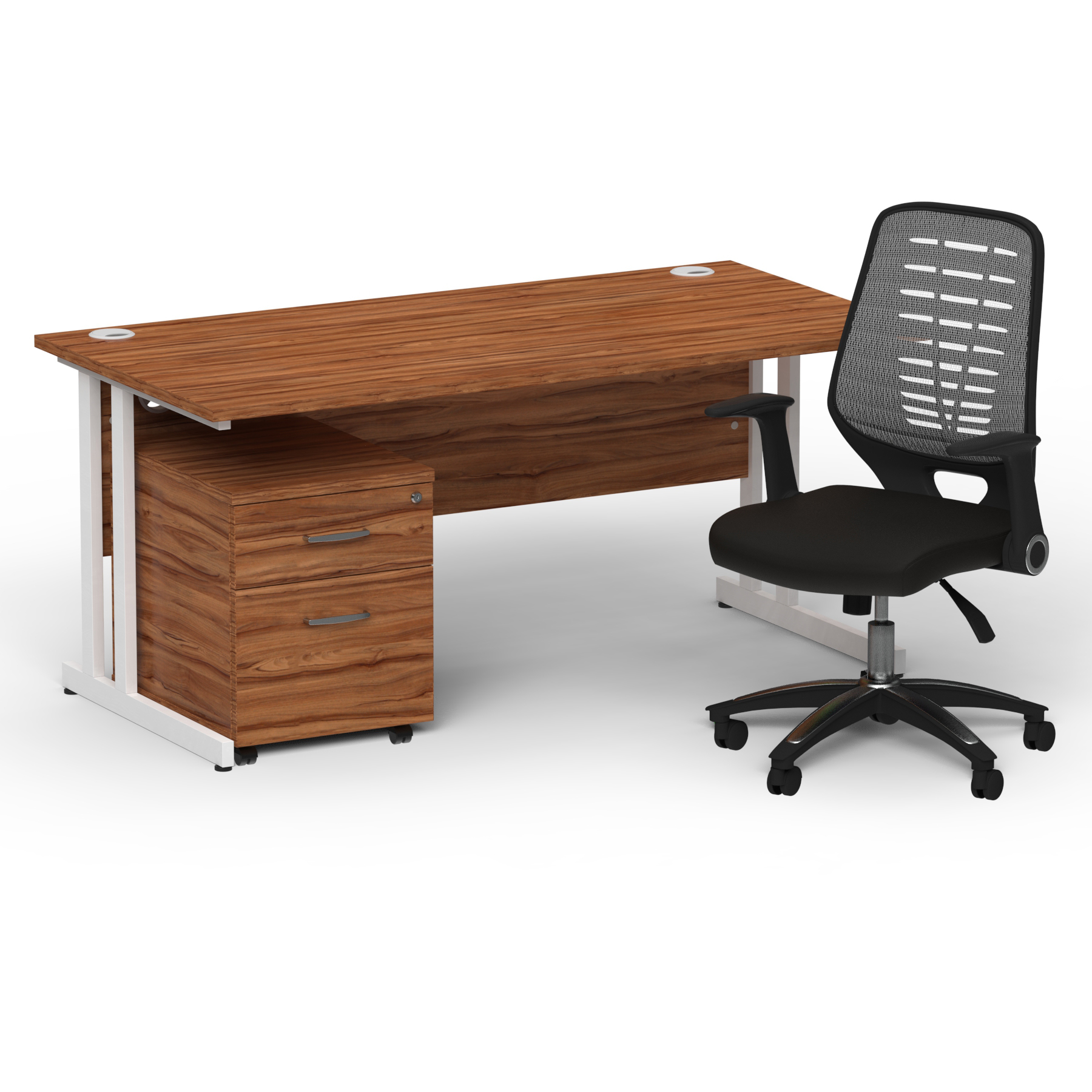 Impulse 1600mm Straight Office Desk Walnut Top White Cantilever Leg with 2 Drawer Mobile Pedestal and Relay Silver Back thumbnail 2