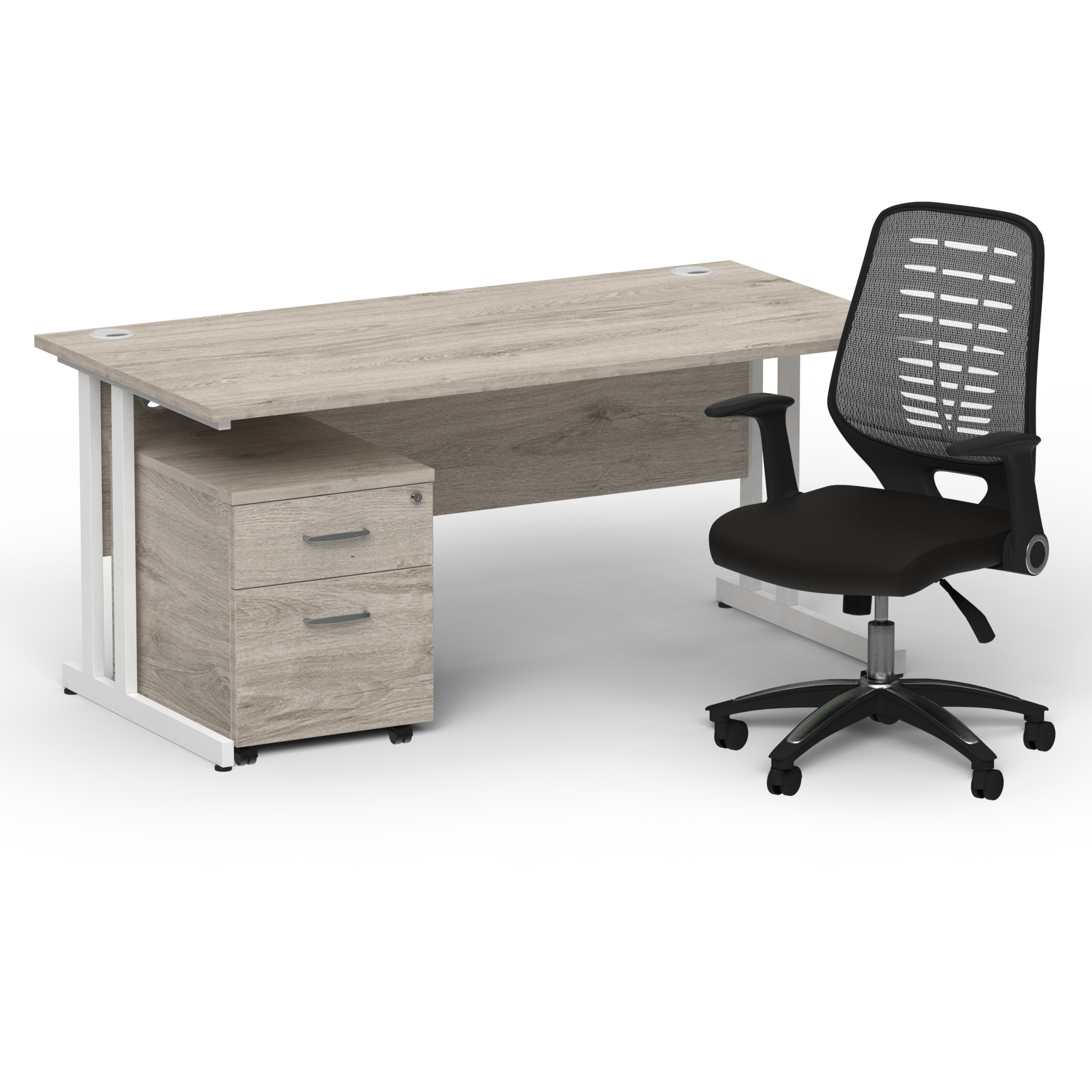 Impulse 1600mm Straight Office Desk Grey Oak Top White Cantilever Leg with 2 Drawer Mobile Pedestal and Relay Silver Back thumbnail 2