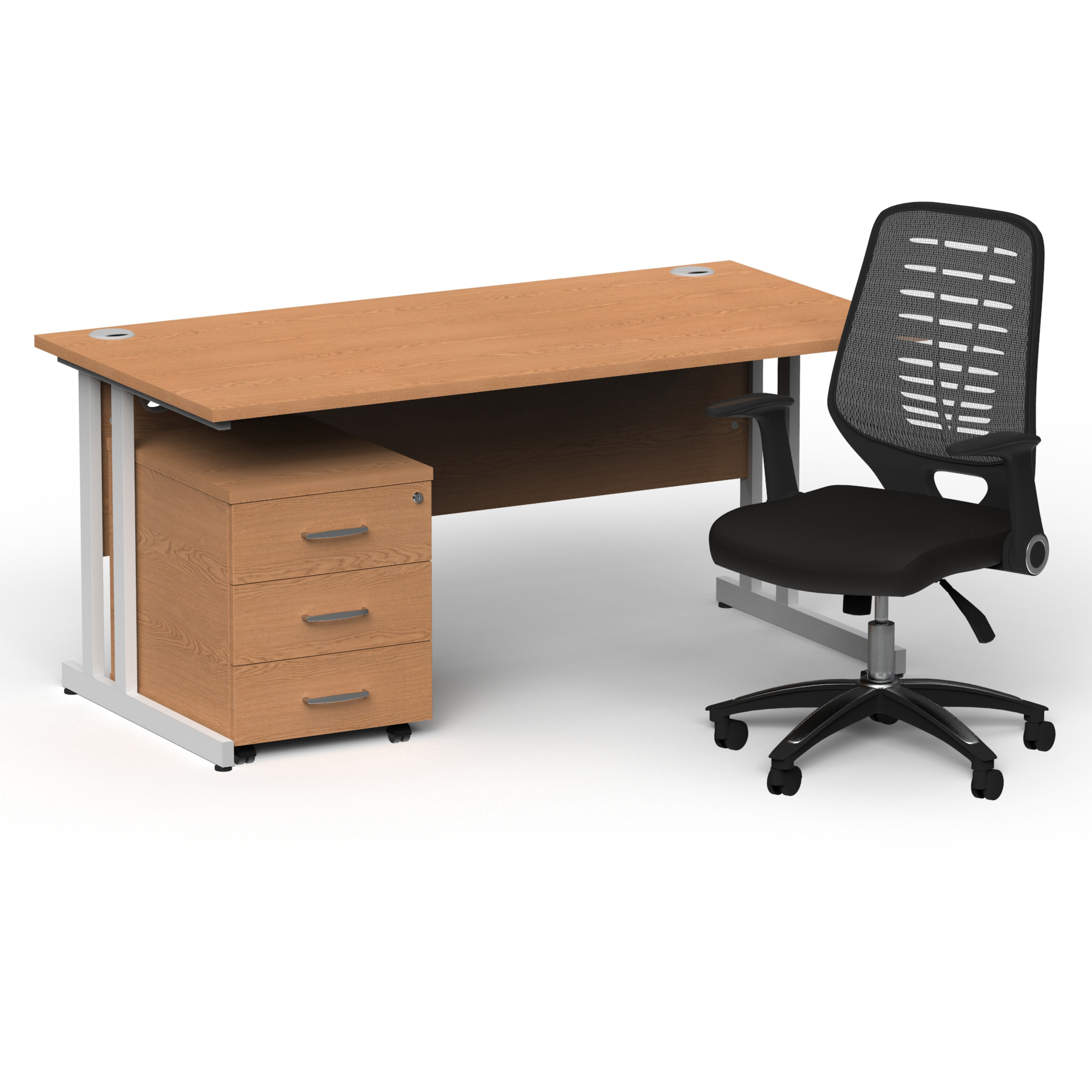 Impulse 1600mm Straight Office Desk Oak Top White Cantilever Leg with 3 Drawer Mobile Pedestal and Relay Silver Back thumbnail 2