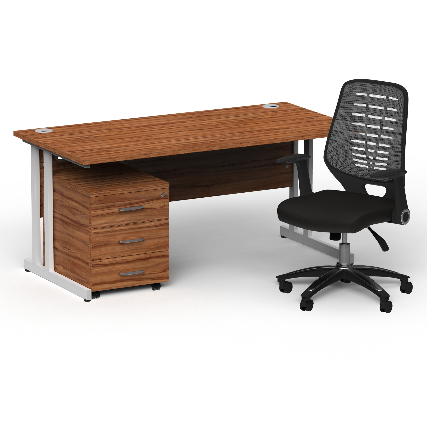 Impulse 1600mm Straight Office Desk Walnut Top White Cantilever Leg with 3 Drawer Mobile Pedestal and Relay Silver Back thumbnail 2