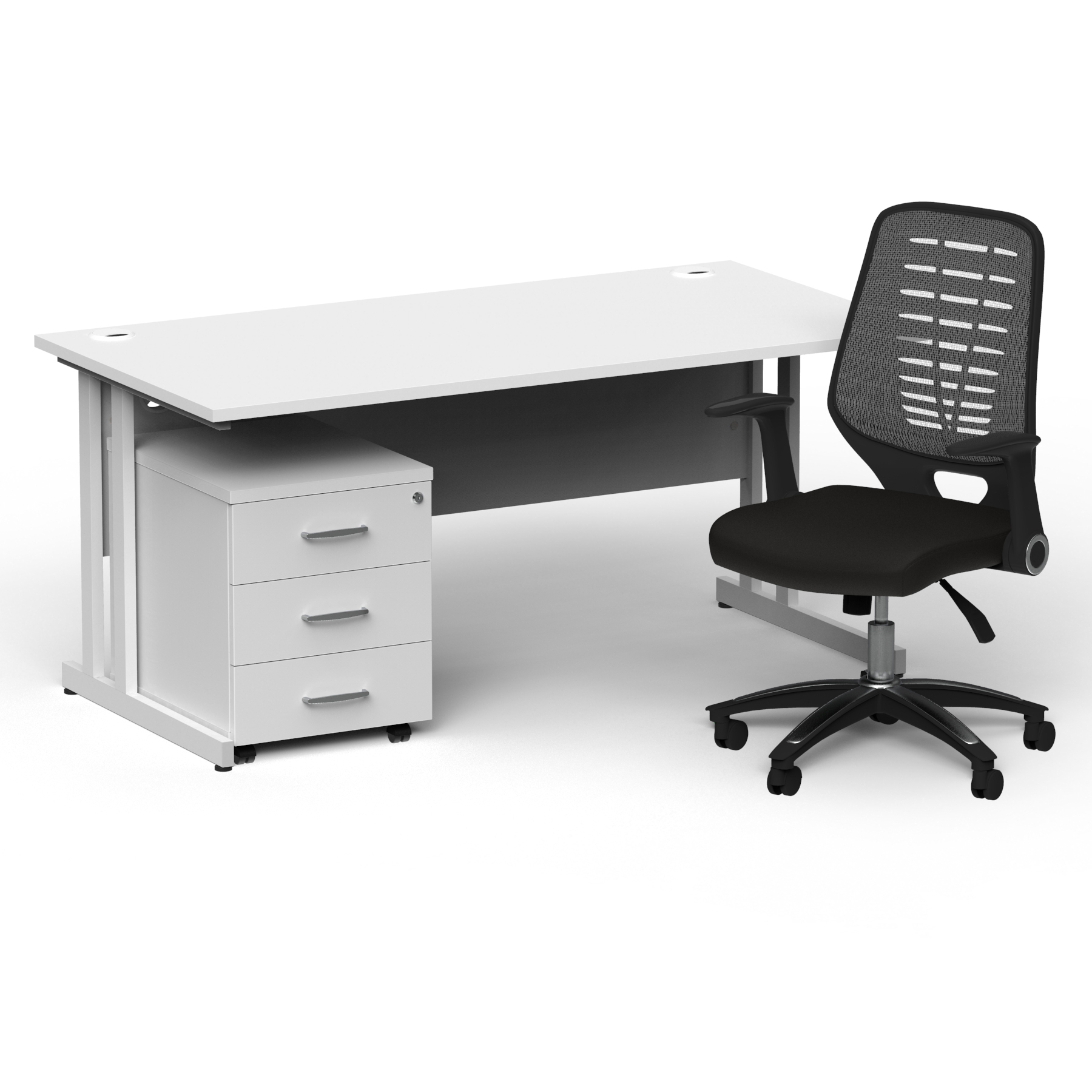 Impulse 1600mm Straight Office Desk White Top White Cantilever Leg with 3 Drawer Mobile Pedestal and Relay Silver Back thumbnail 2