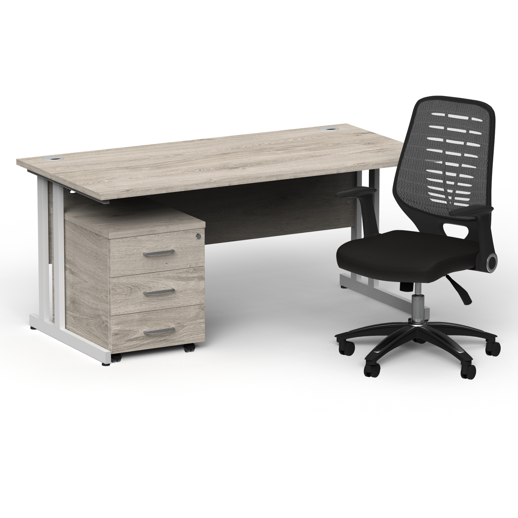 Impulse 1600mm Straight Office Desk Grey Oak Top White Cantilever Leg with 3 Drawer Mobile Pedestal and Relay Silver Back thumbnail 2