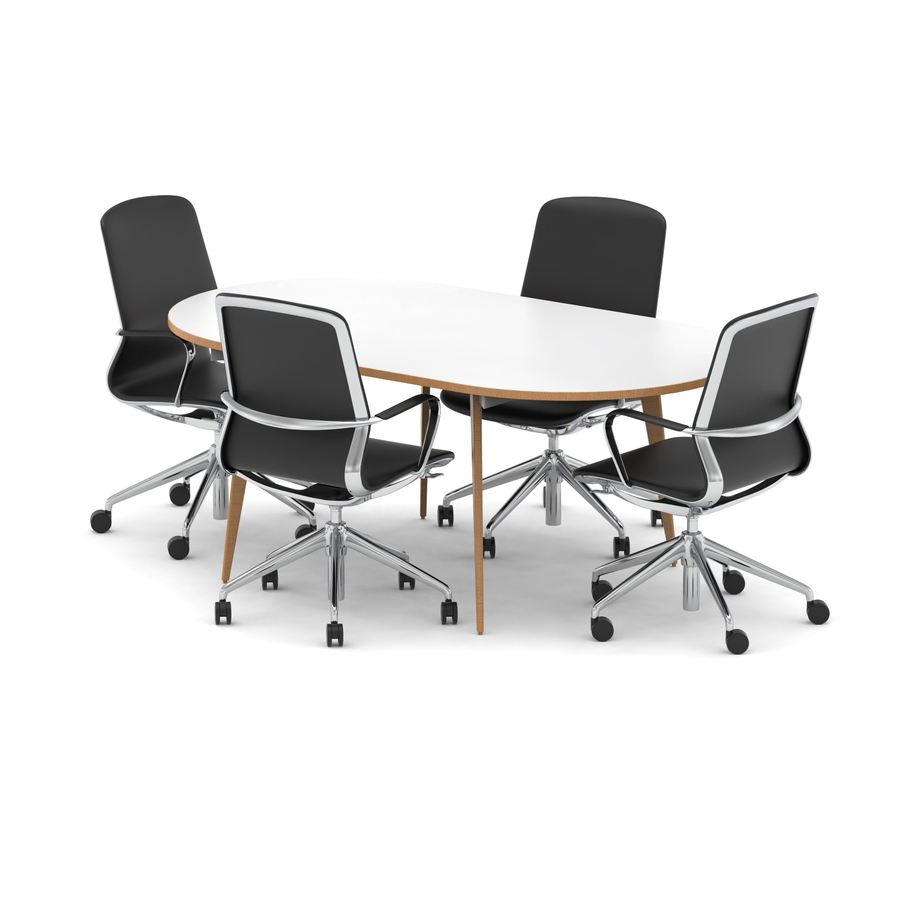 Oslo 1800mm Oval Boardroom Table White Top Natural Wood Edge White Frame with Set of Four Lucia Executive Chairs Chrome Frame