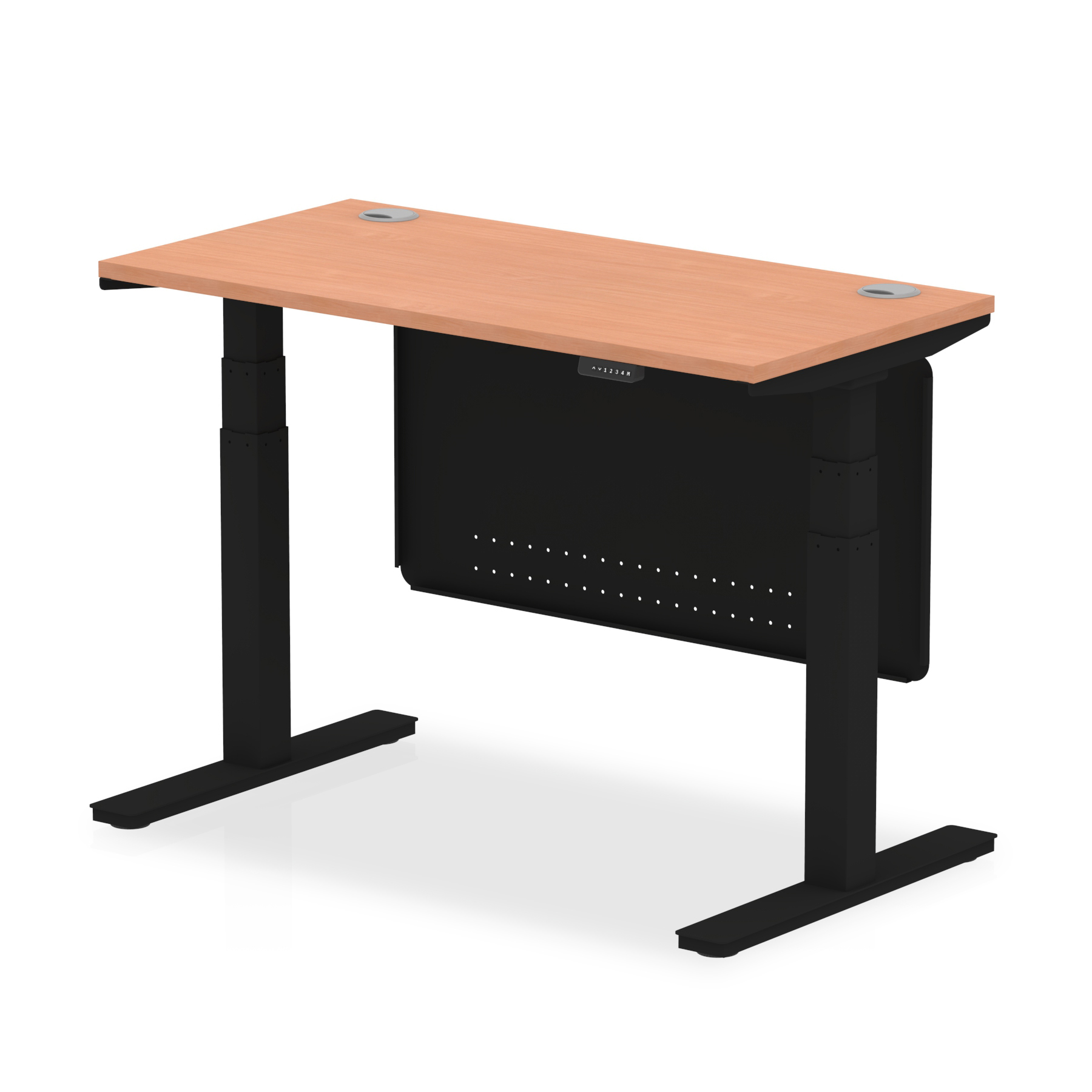 Air Height Adjustable Slimline Desk With Cable Ports With Steel Modesty Panel — Beech / Black Frame