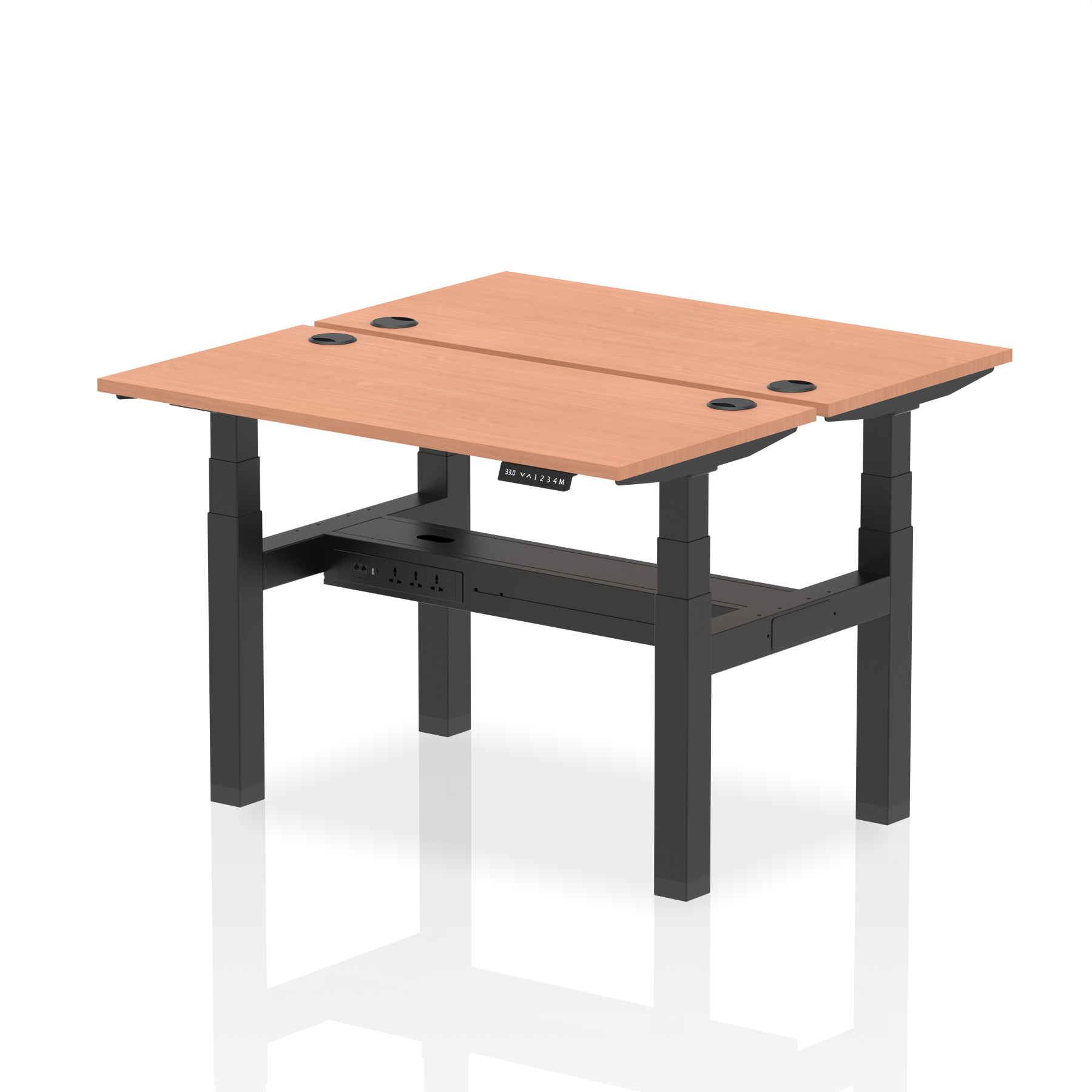 Air Back-to-Back Slimline Height Adjustable Bench Desk - 2 Person — Beech / Black Frame