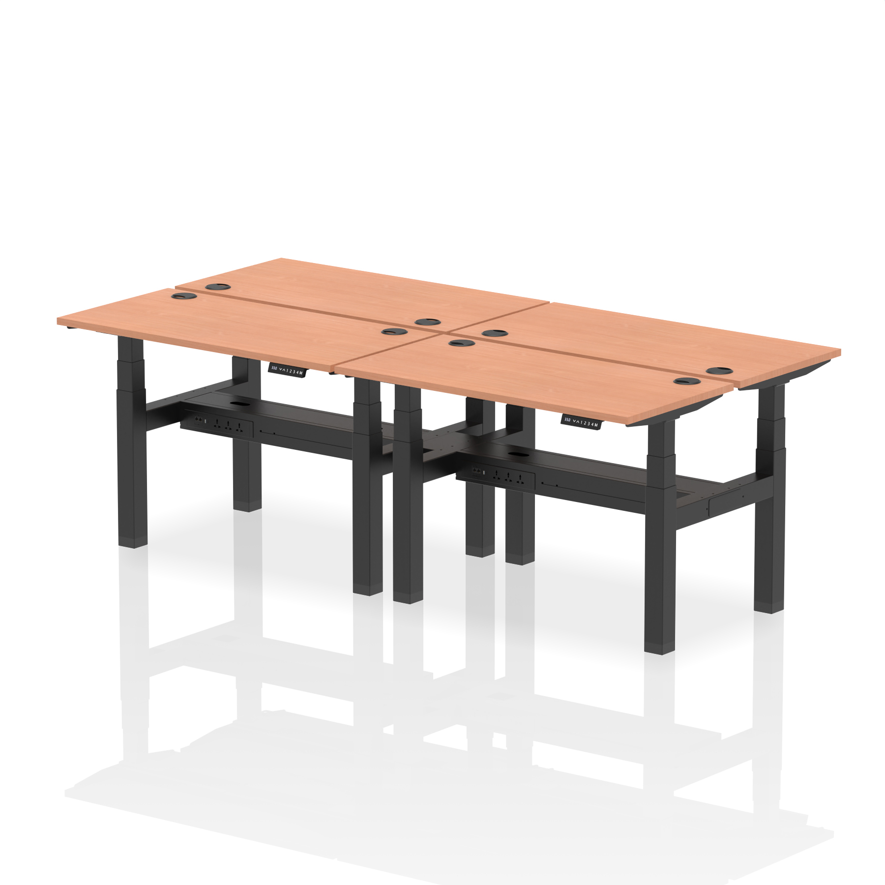 Air Back-to-Back Slimline Height Adjustable Bench Desk - 4 Person — Beech / Black Frame