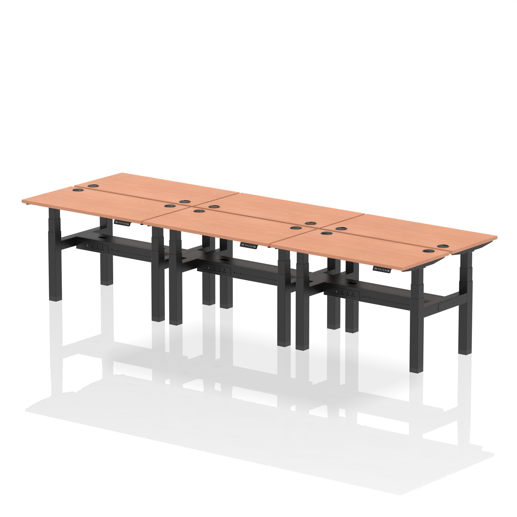 Air Back-to-Back Slimline Height Adjustable Bench Desk - 6 Person — Beech / Black Frame
