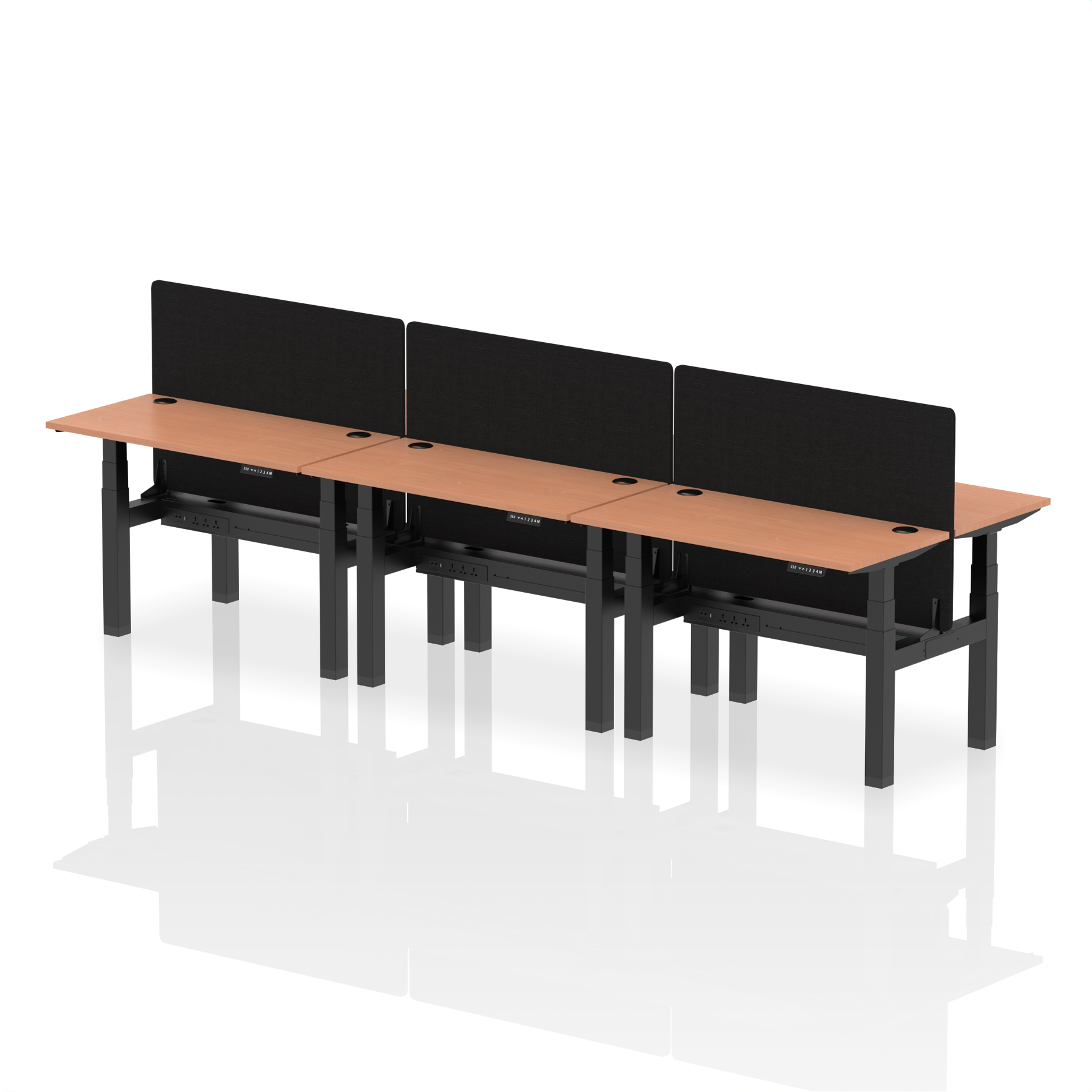 Air Back-to-Back Slimline Height Adjustable Bench Desk - 6 Person with Black Straight Screen — Beech / Black Frame