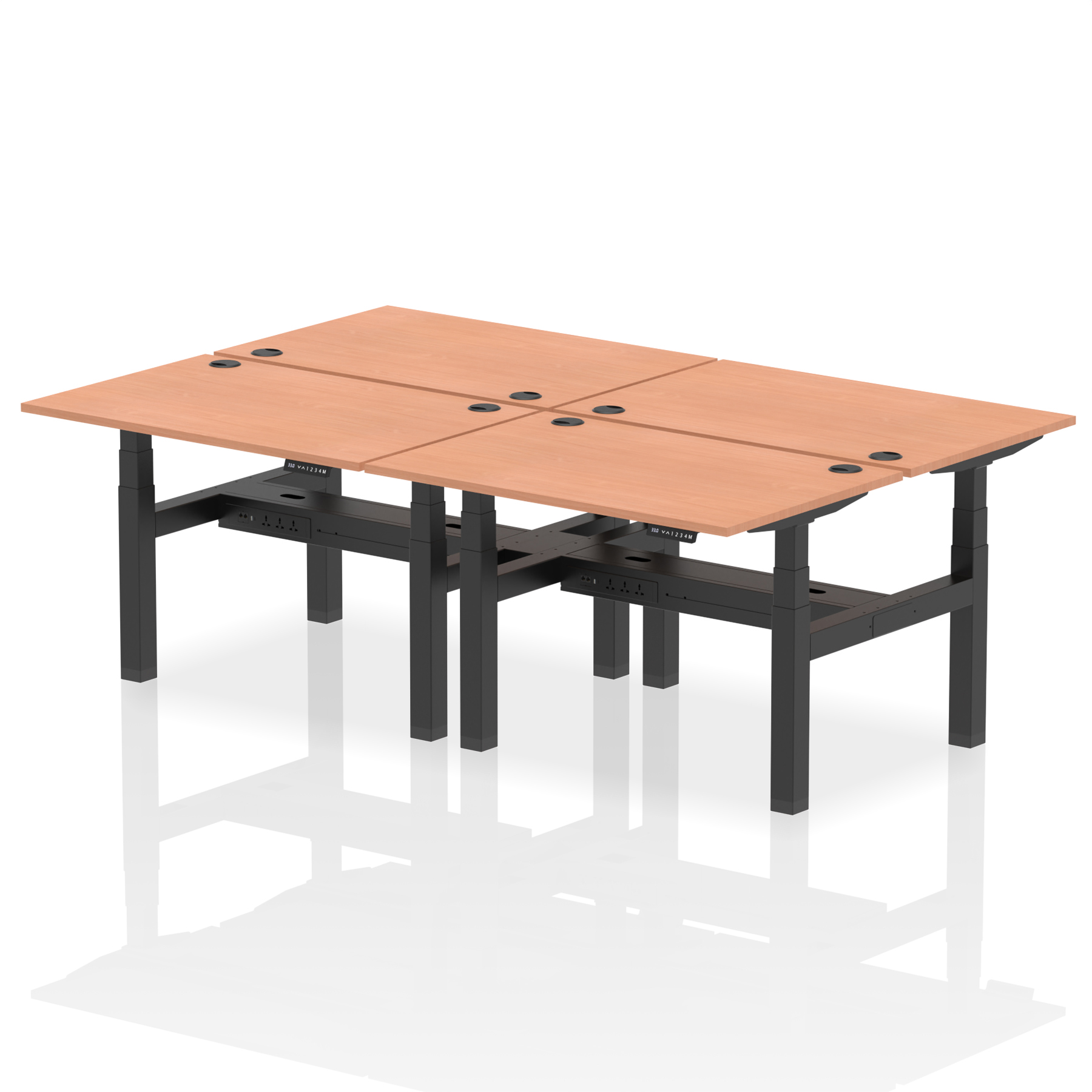 Air Back-to-Back Height Adjustable Bench Desk - 4 Person — Beech / Black Frame