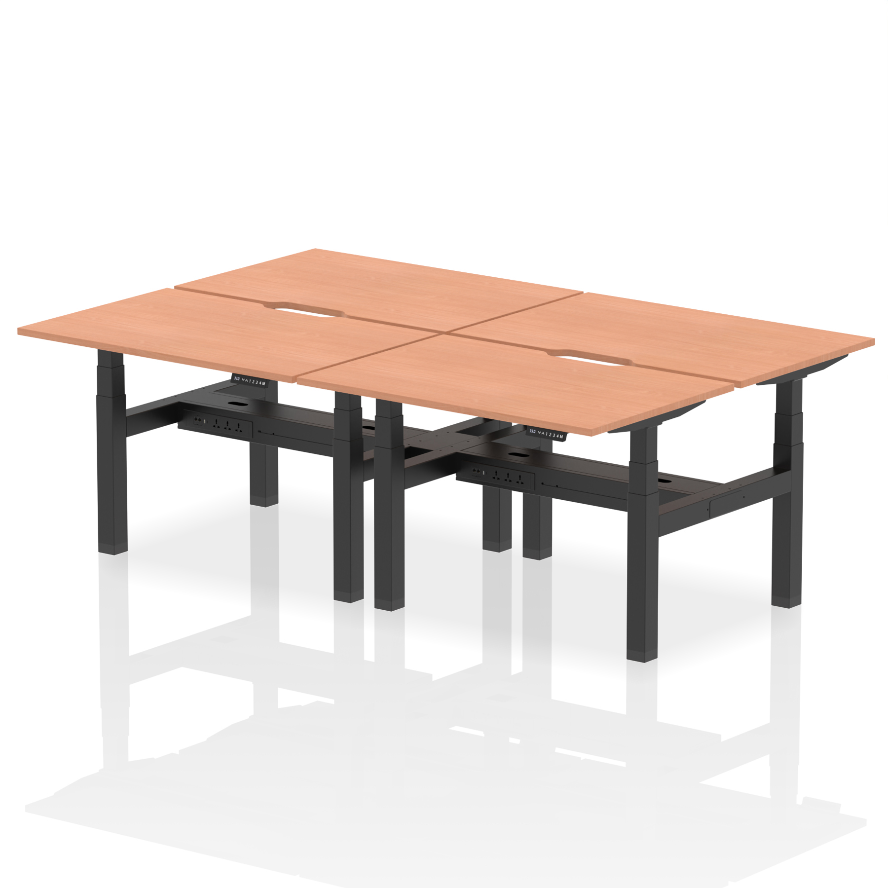 Air Back-to-Back Scalloped Edge Height Adjustable Bench Desk - 4 Person — Beech / Black Frame