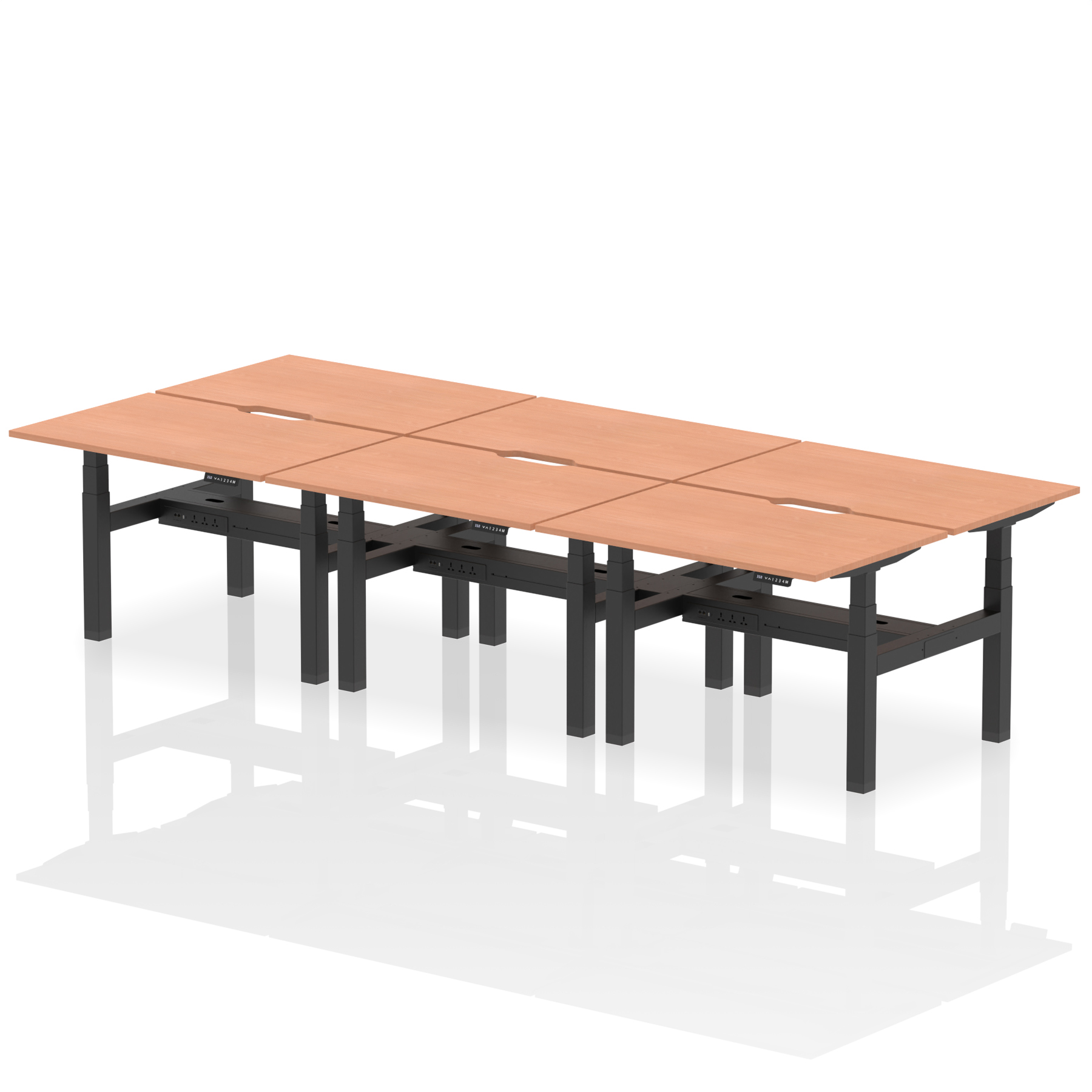 Air Back-to-Back Scalloped Edge Height Adjustable Bench Desk - 6 Person — Beech / Black Frame