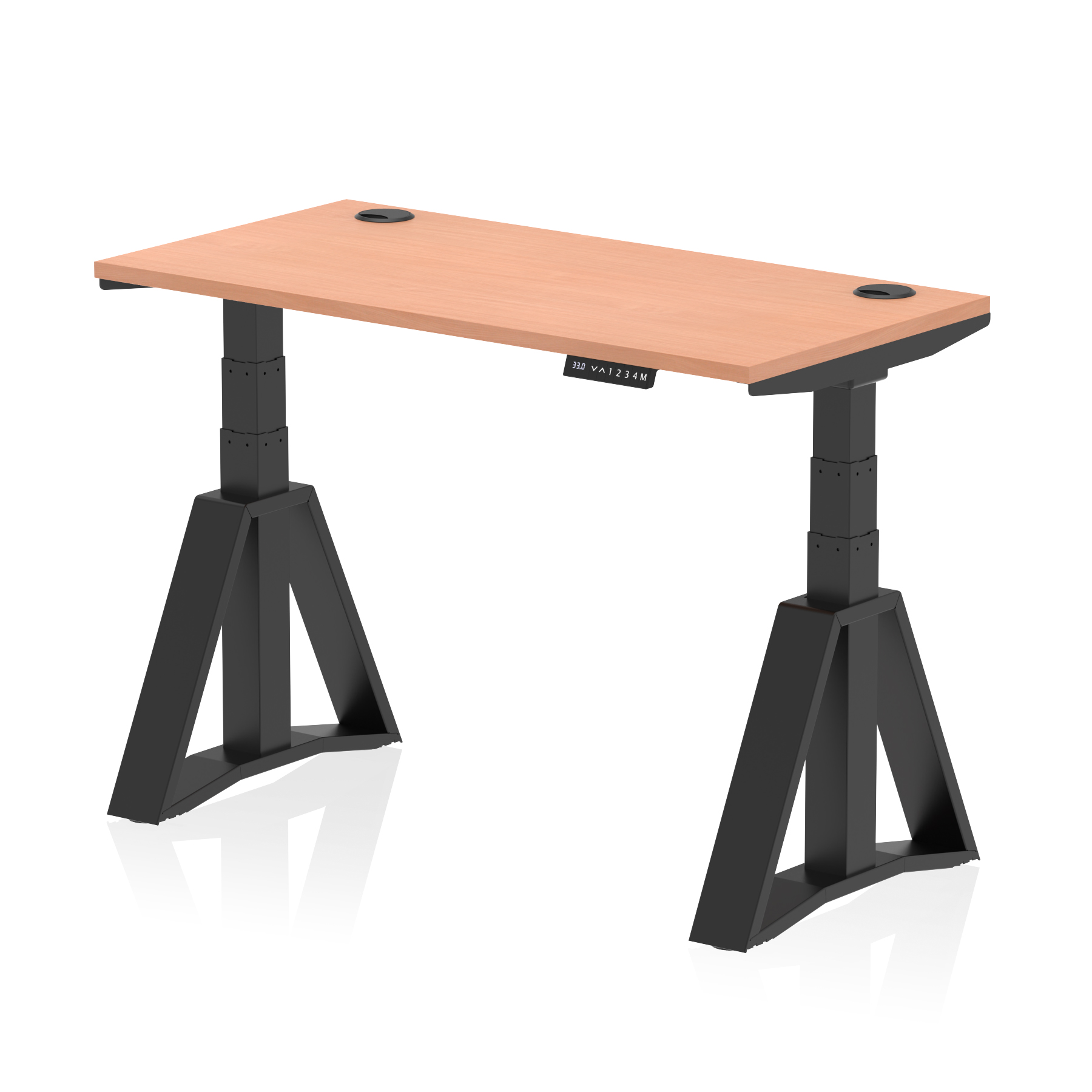 Air Height Adjustable Slimline Desk With Cable Ports With Piste Foot — Beech / Black Frame