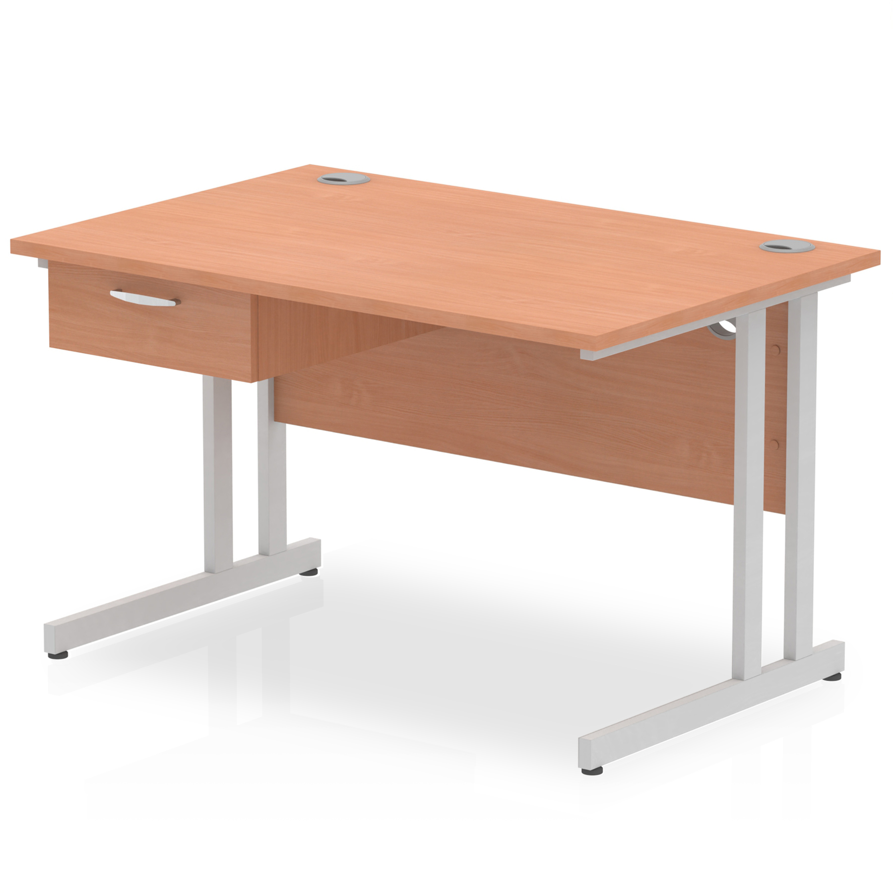 Impulse Cantilever Straight Desk Silver Frame With Single One Drawer Fixed Pedestal — Beech / Silver Frame