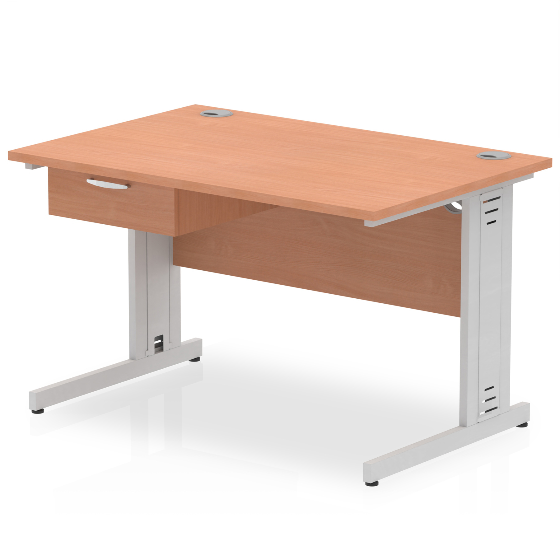 Impulse Cable Managed Straight Desk Silver Frame With Single One Drawer Fixed Pedestal — Beech / Silver Frame
