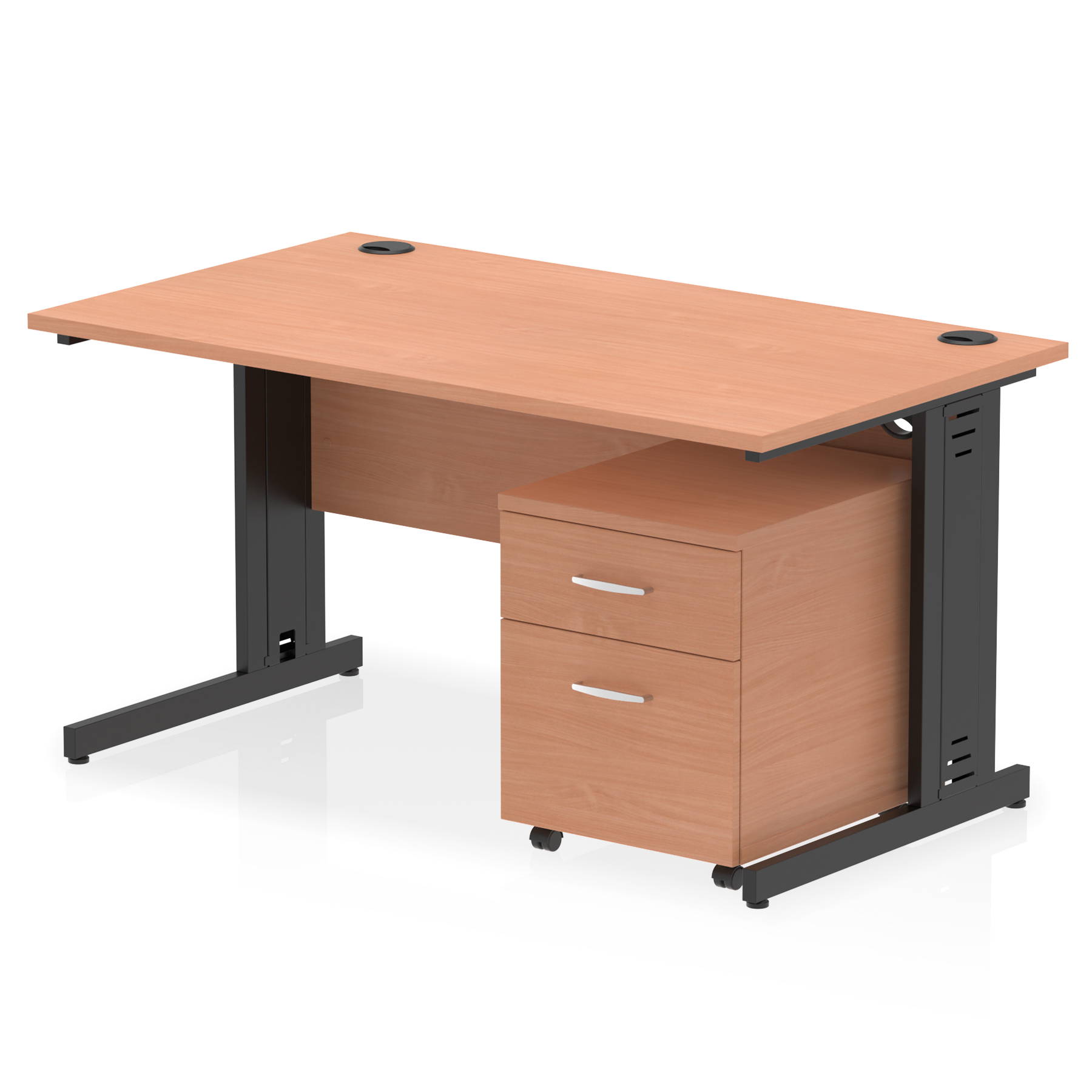 Impulse 1400mm Cable Managed Straight Desk With Mobile Pedestal — Beech / Black Frame