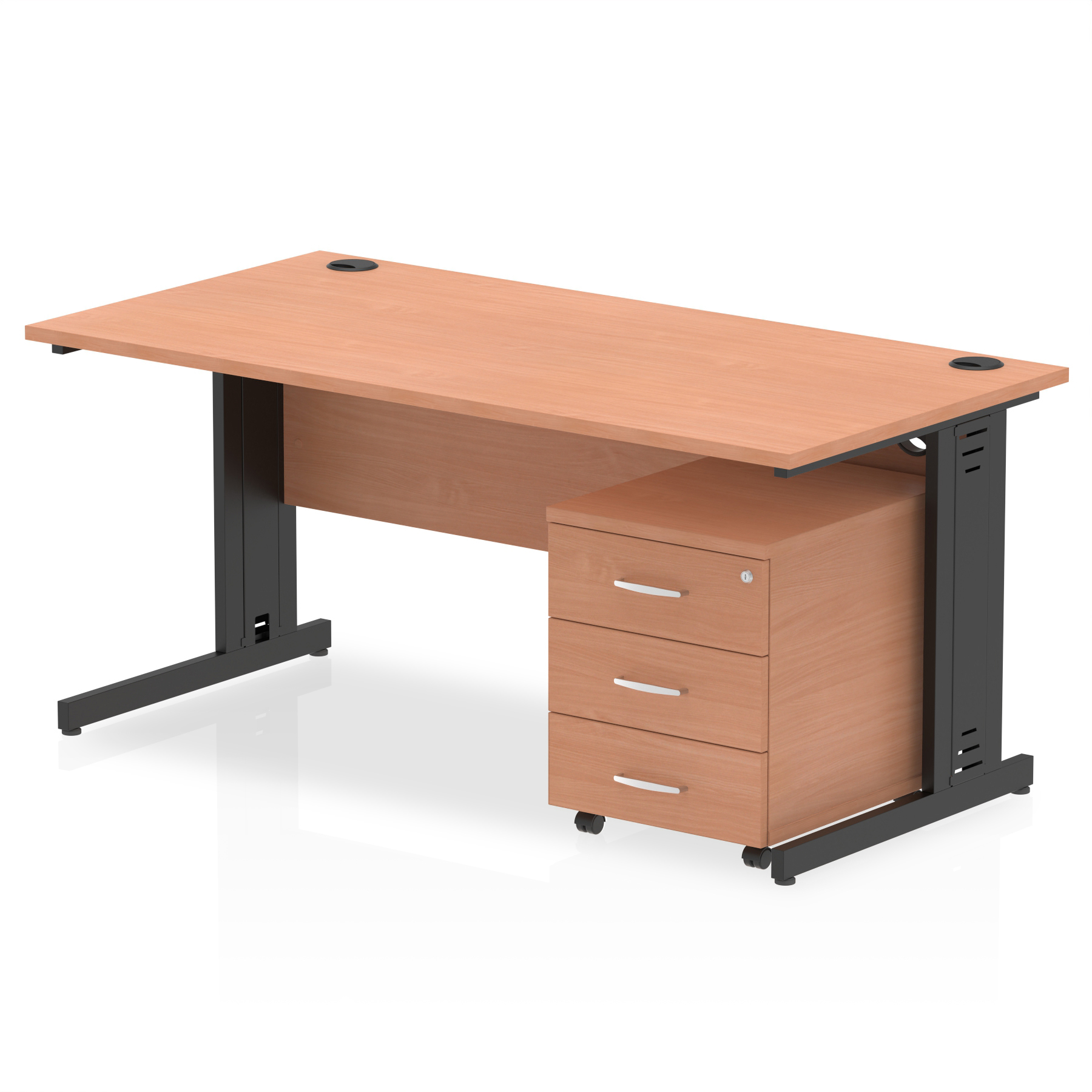 Impulse 1600mm Cable Managed Straight Desk With Mobile Pedestal — Beech / Black Frame