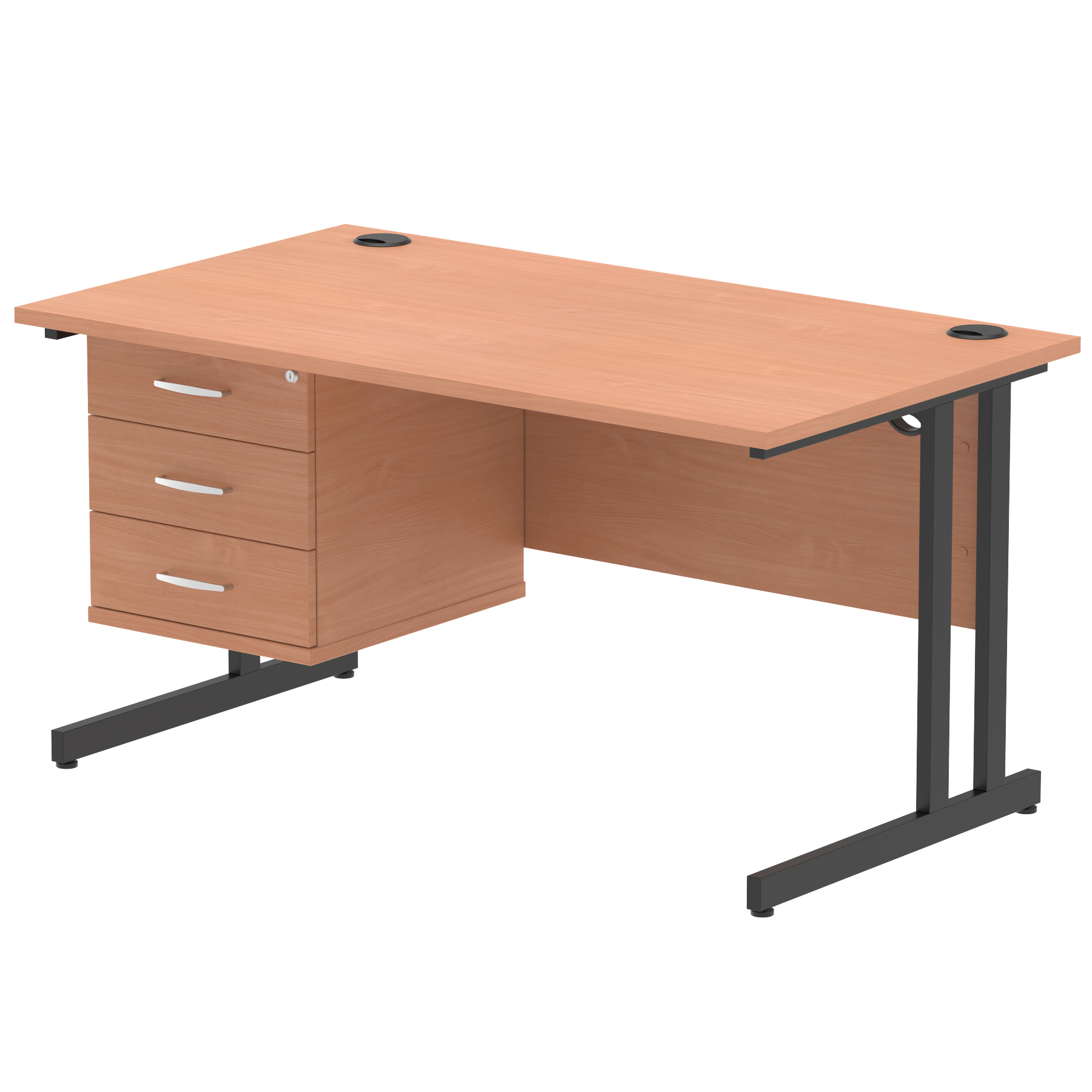 Impulse 1400mm Cantilever Straight Desk With Single Fixed Pedestal — Beech / Black Frame