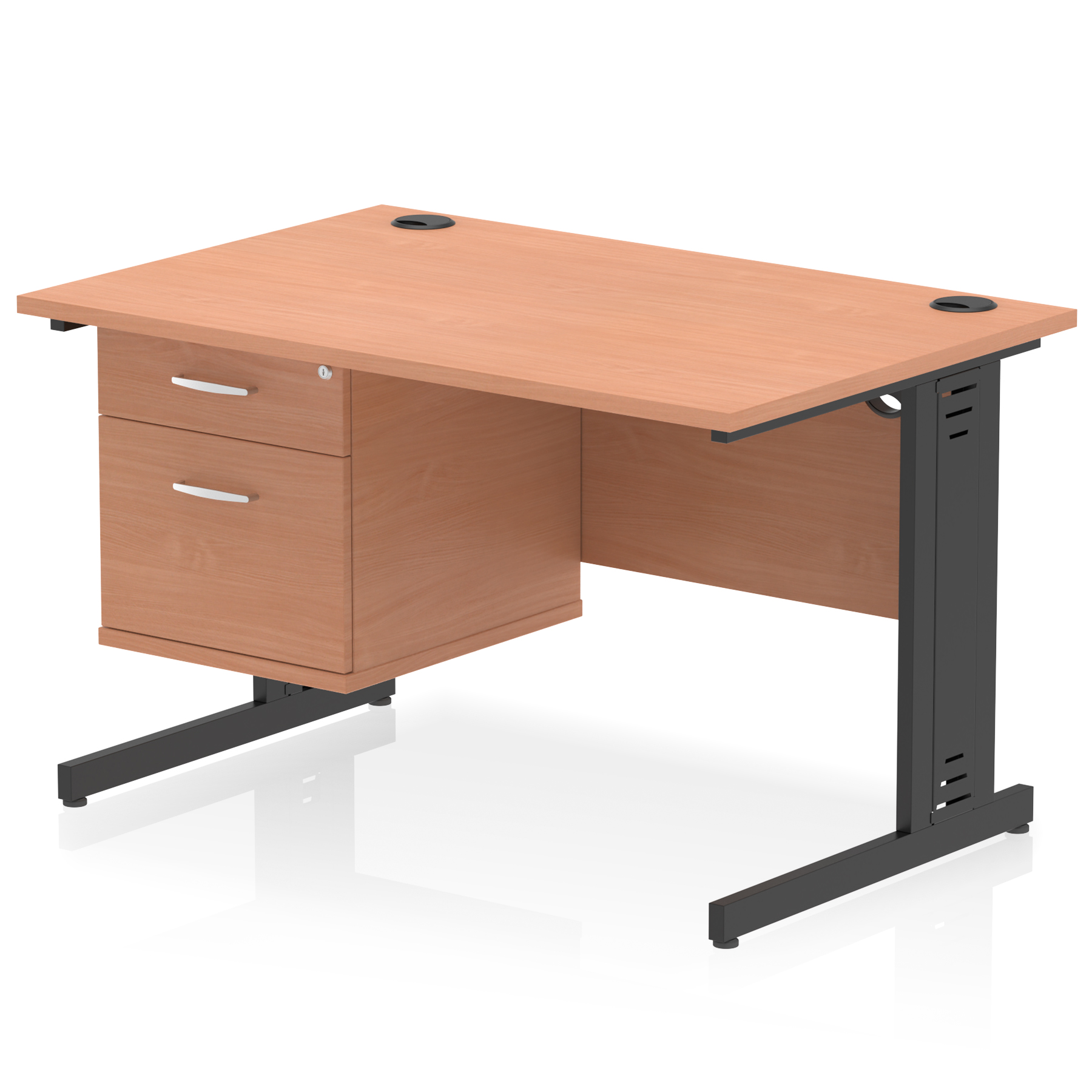 Impulse 1200mm Cable Managed Straight Desk With Single Fixed Pedestal — Beech / Black Frame