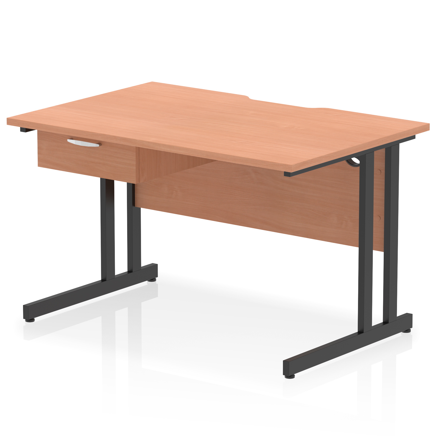 Impulse Scalloped Edge Cantilever Straight Desk With Single One Drawer Fixed Pedestal — Beech / Black Frame