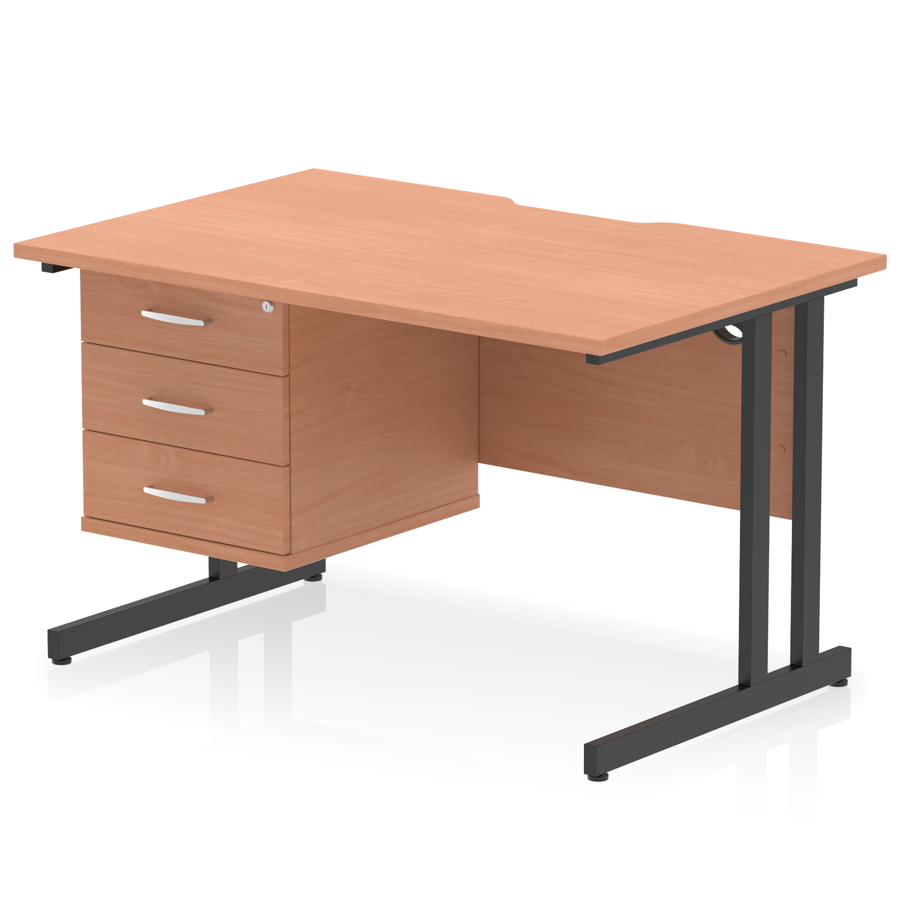 Impulse Scalloped Edge 1200mm Cantilever Straight Desk With Single Fixed Pedestal — Beech / Black Frame