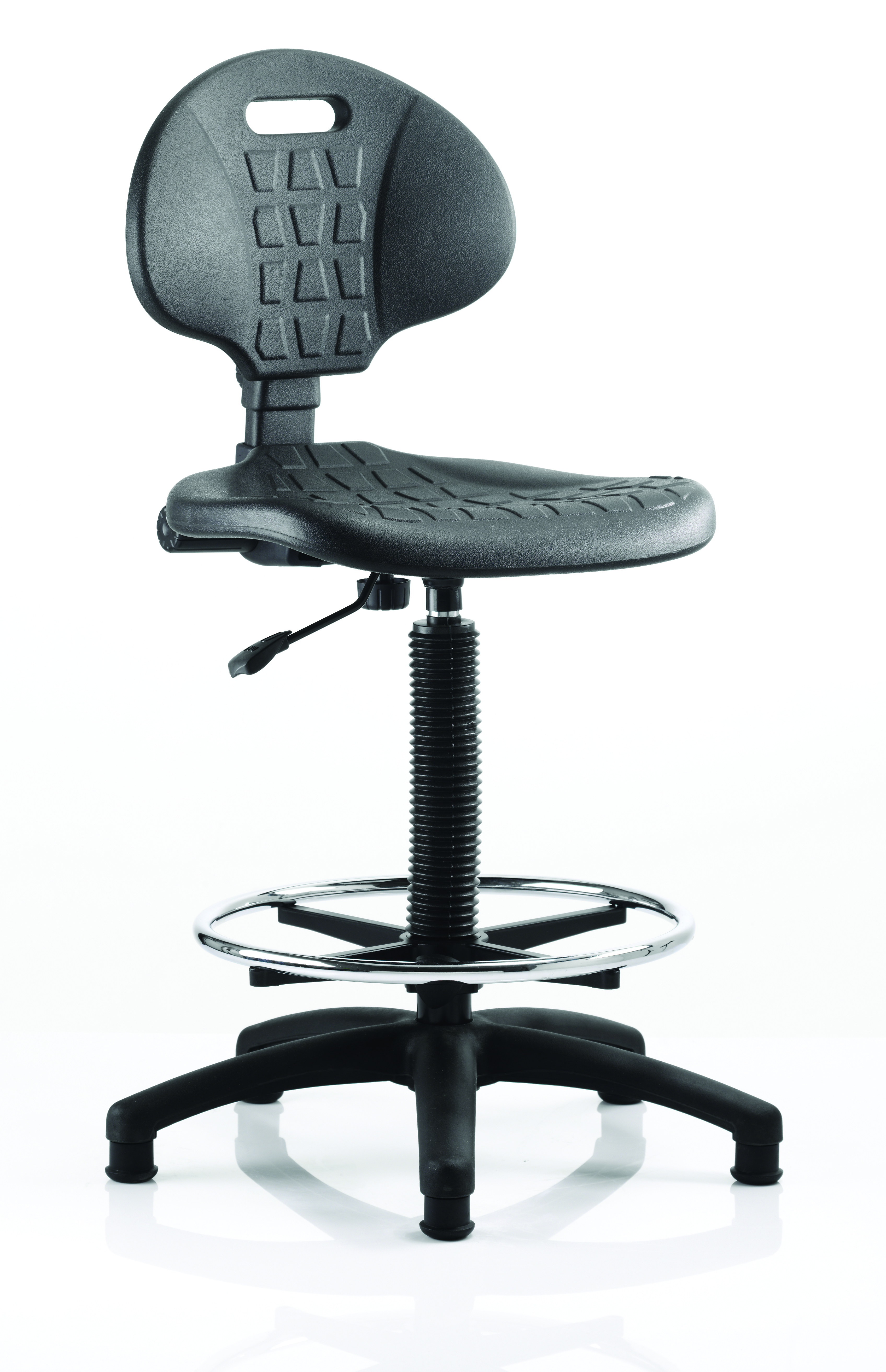 Malaga Polyurethane Medium Back Hi Rise Draughtsman Task Operator Office Chair — Black & Black & Chrome