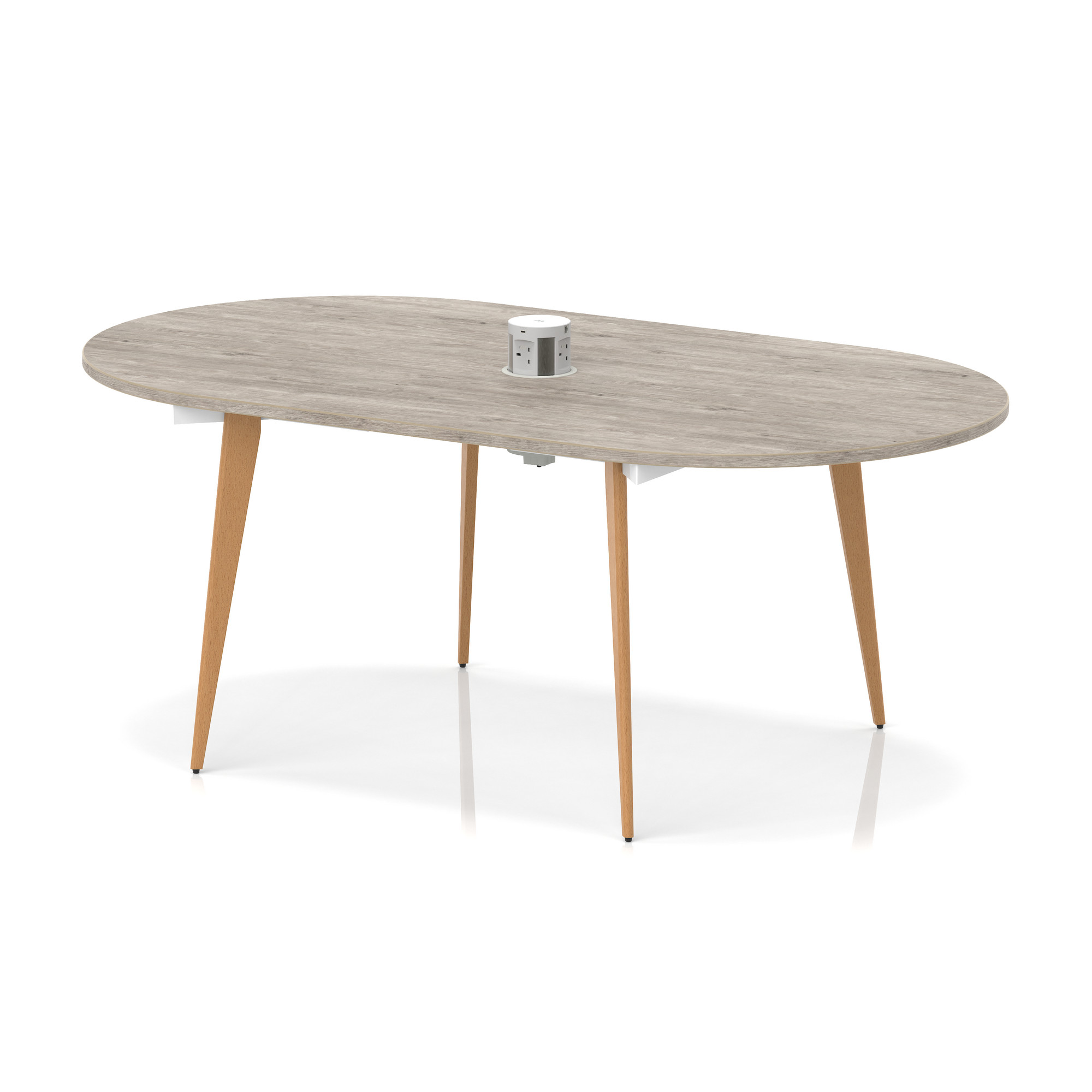Oslo Volta Oval Boardroom Table With Pop-up Power Module With Wooden Splayed Leg — Grey Oak / White Frame