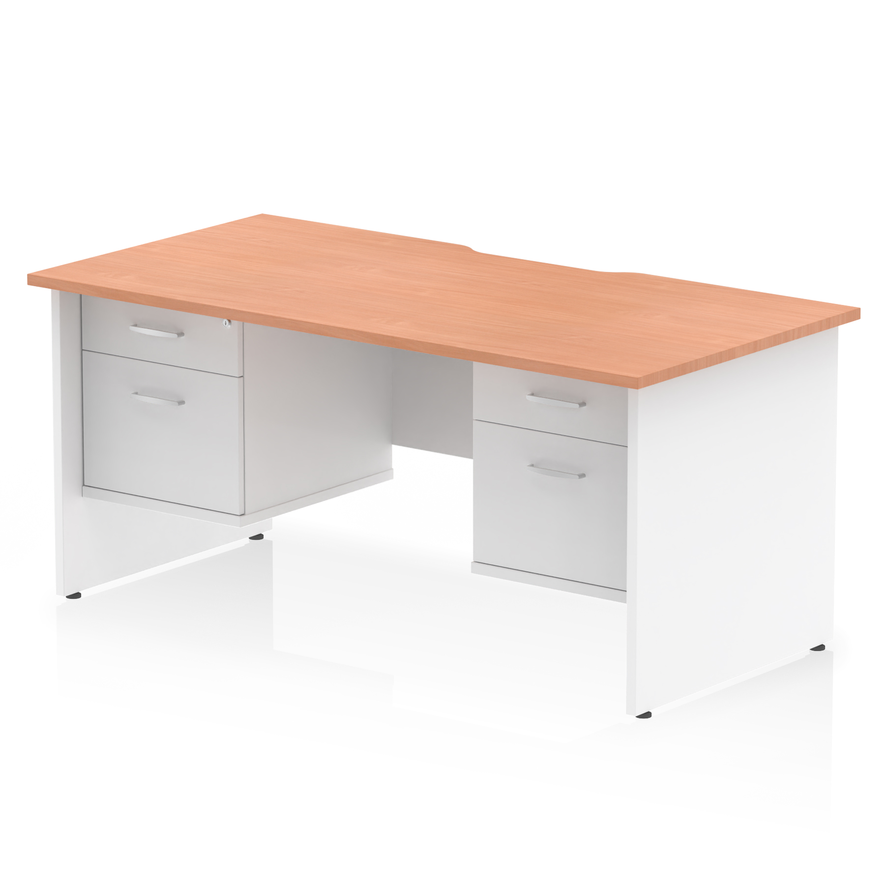 Impulse Scalloped Edge 1600mm Panel End Straight Desk With Two Fixed Pedestal — Beech & White / White Panel Frame